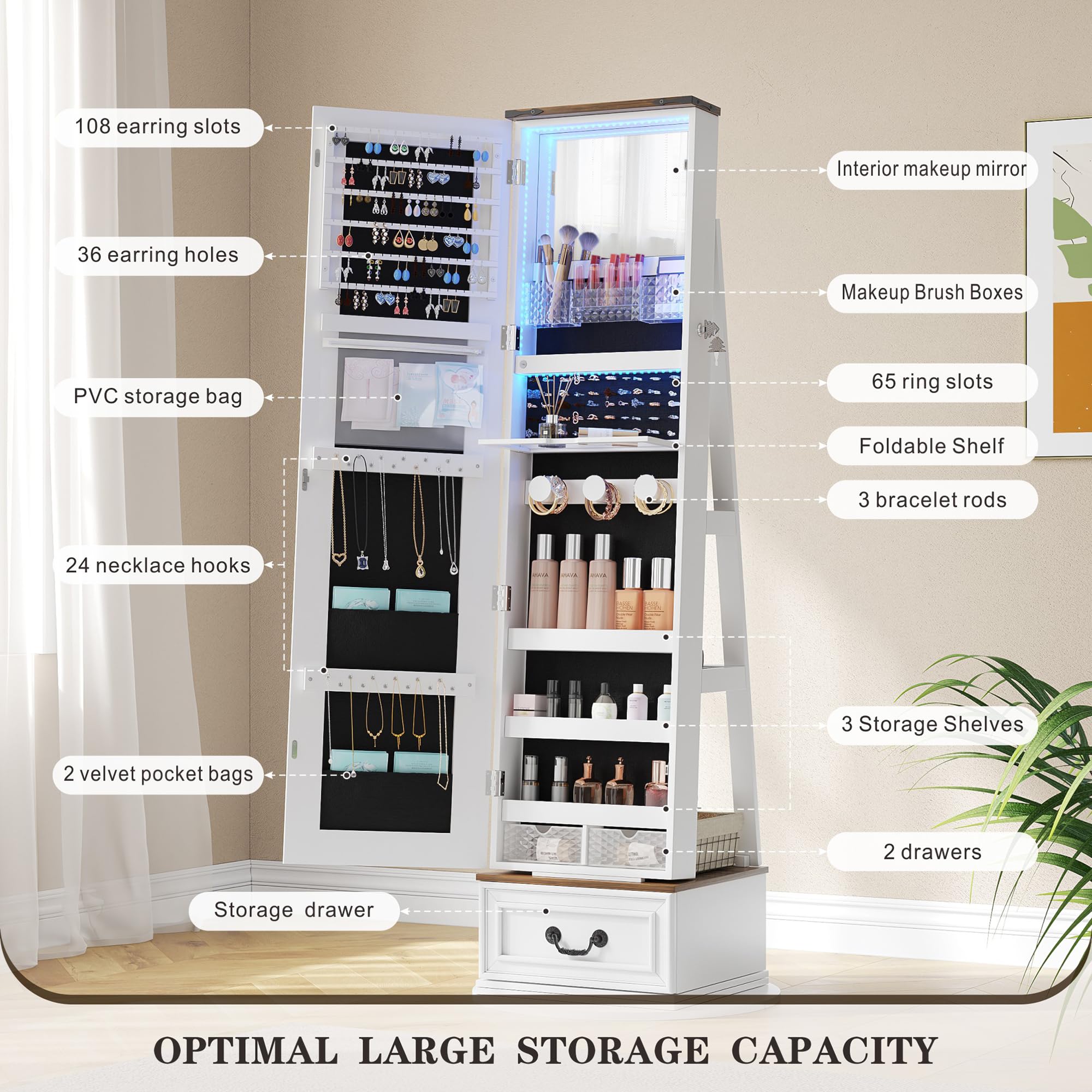 360° Swivel Jewelry Organizer with Full-Length Mirror & LED Lights - Jewelry Armoire Cabinet with Drawers - Large Mirror Storage for Jewelry & Makeup - Perfect Gift for Women, Mom, Wife & Teen Girls (White) - Ideal for Bedroom, Dressing Room & Closet Organization
