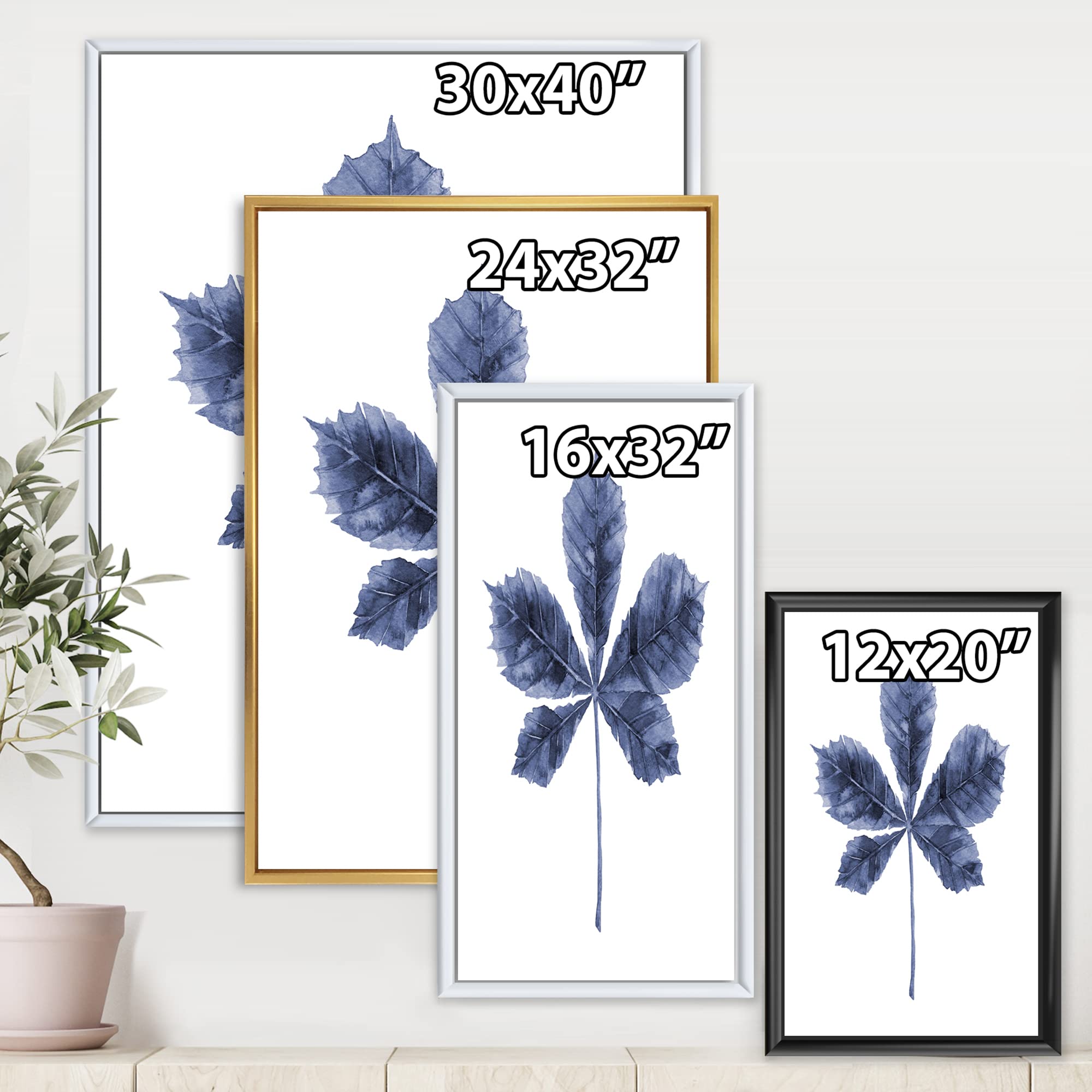 Navy Blue Chestnut Leaf Framed Canvas Wall Art Print - Traditional Home Decor for Living Room, Bedroom & Office