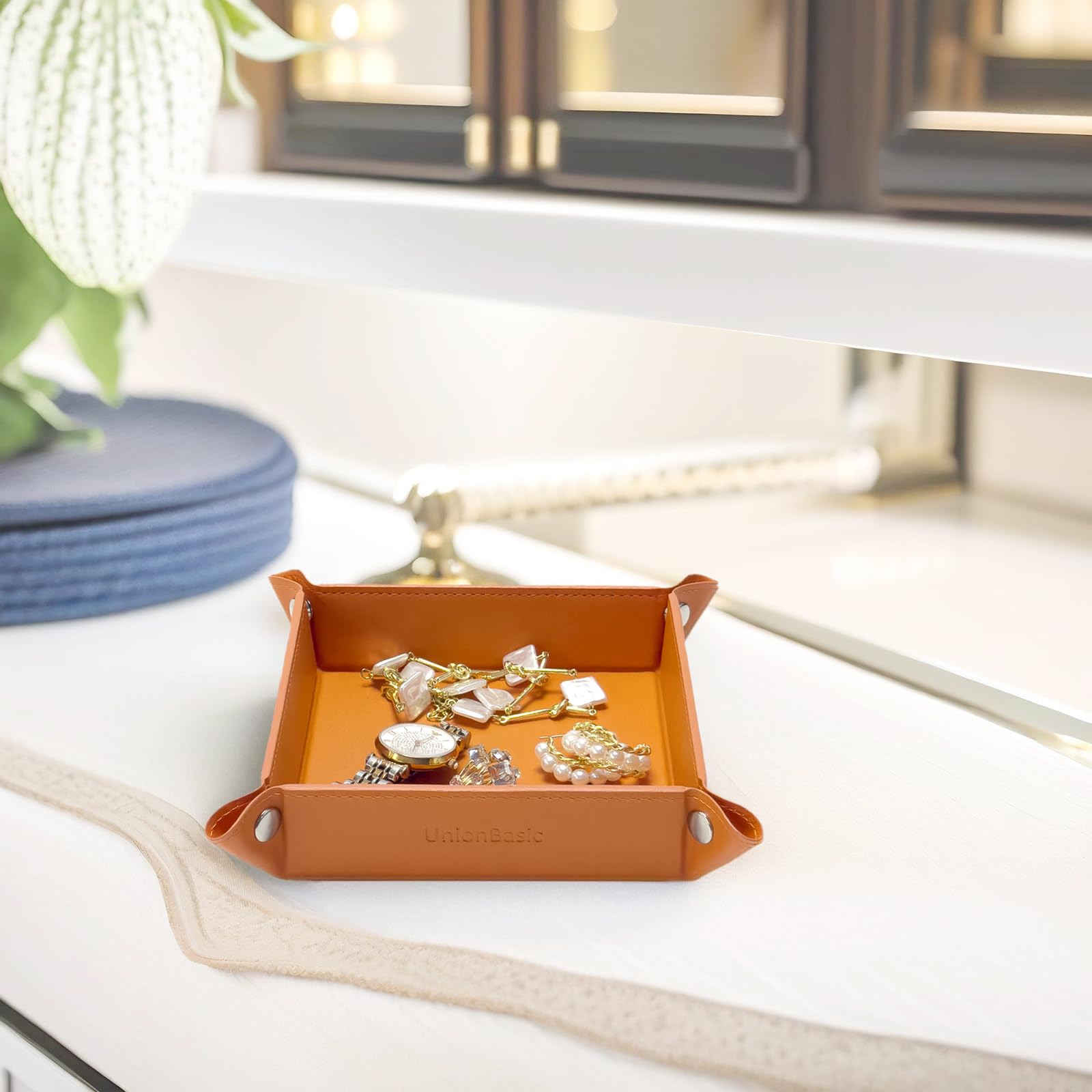 UnionBasic Small Valet Tray - Jewelry Organizer for Rings, Watches & Earrings | Entryway Catchall for Keys, Coins & Change | Nightstand Bedside Organizer | Electronic Gadgets Tray | Orange - Perfect for Home, Office & Travel Accessories Storage