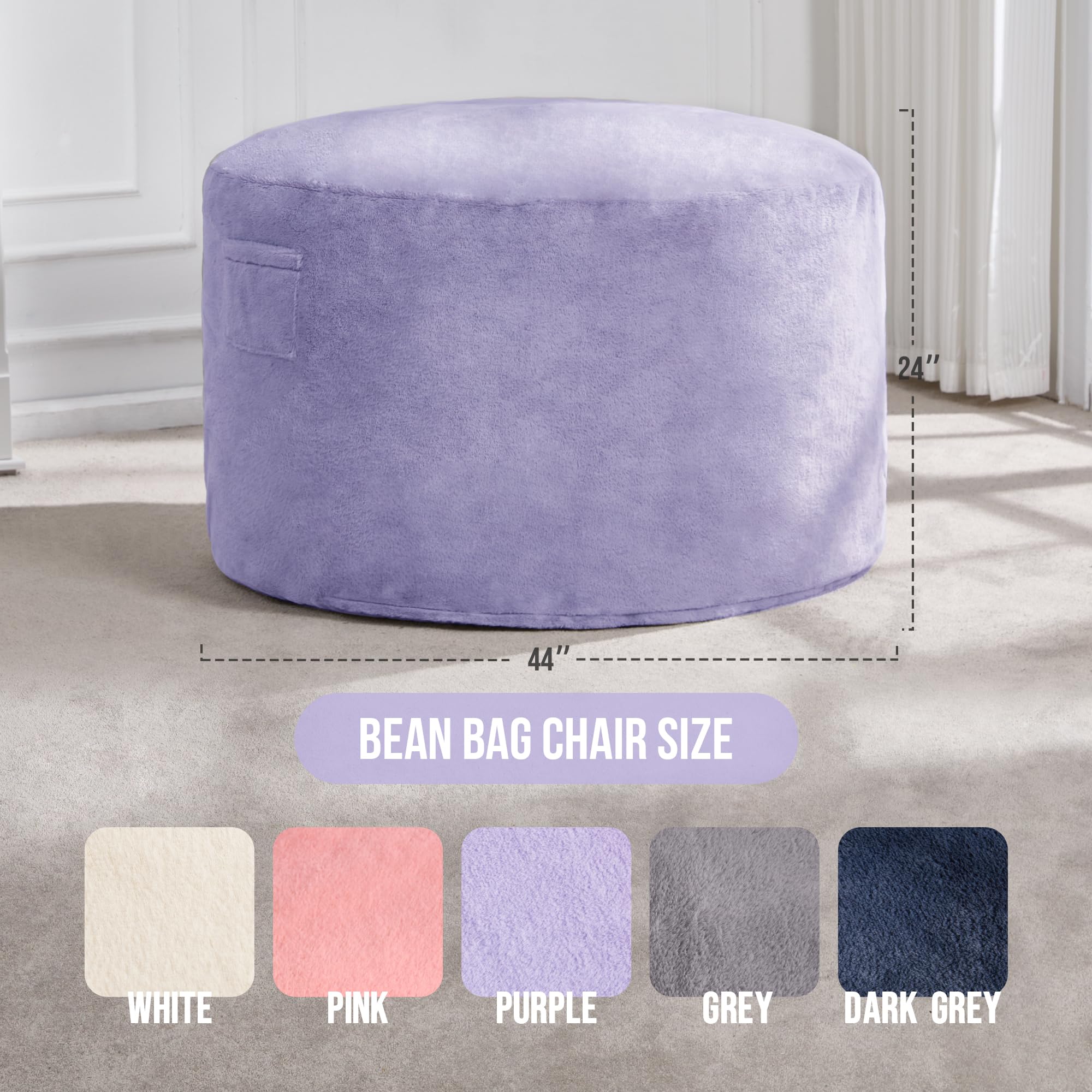 Hobestluk 4ft Large Bean Bag Chair for Adults - Plush Faux Fur Cover, Oversized Lounger for Living Room, Bedroom, Dorm & Office - Purple (44”x44”x24”) - Perfect for Relaxing, Gaming & Movie Nights