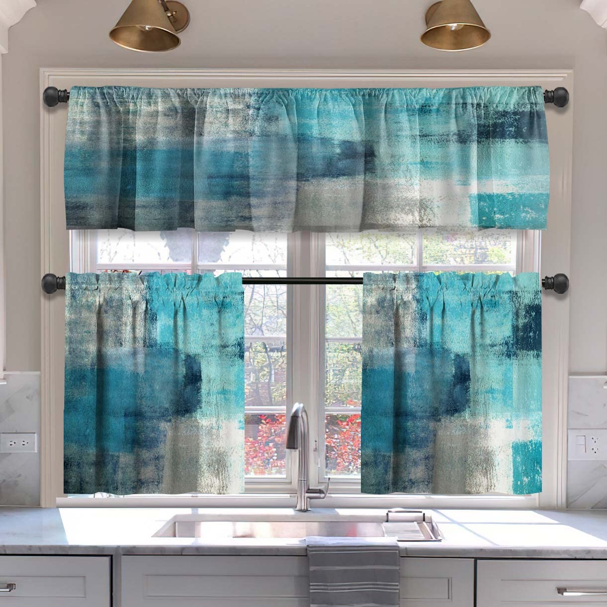 MCALK Turquoise Kitchen Curtains Set - 3 Piece Window Valances & Tiers in Modern Abstract Grey Design (36 Inch) for Kitchen & Living Room Decor | Perfect for Farmhouse, Apartment & Dining Room Windows