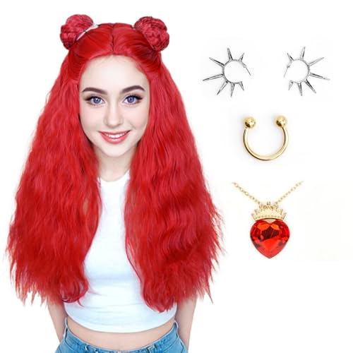 Long Curly Red Wigs + Necklace + Nose Ring + Earrings for Adult 2