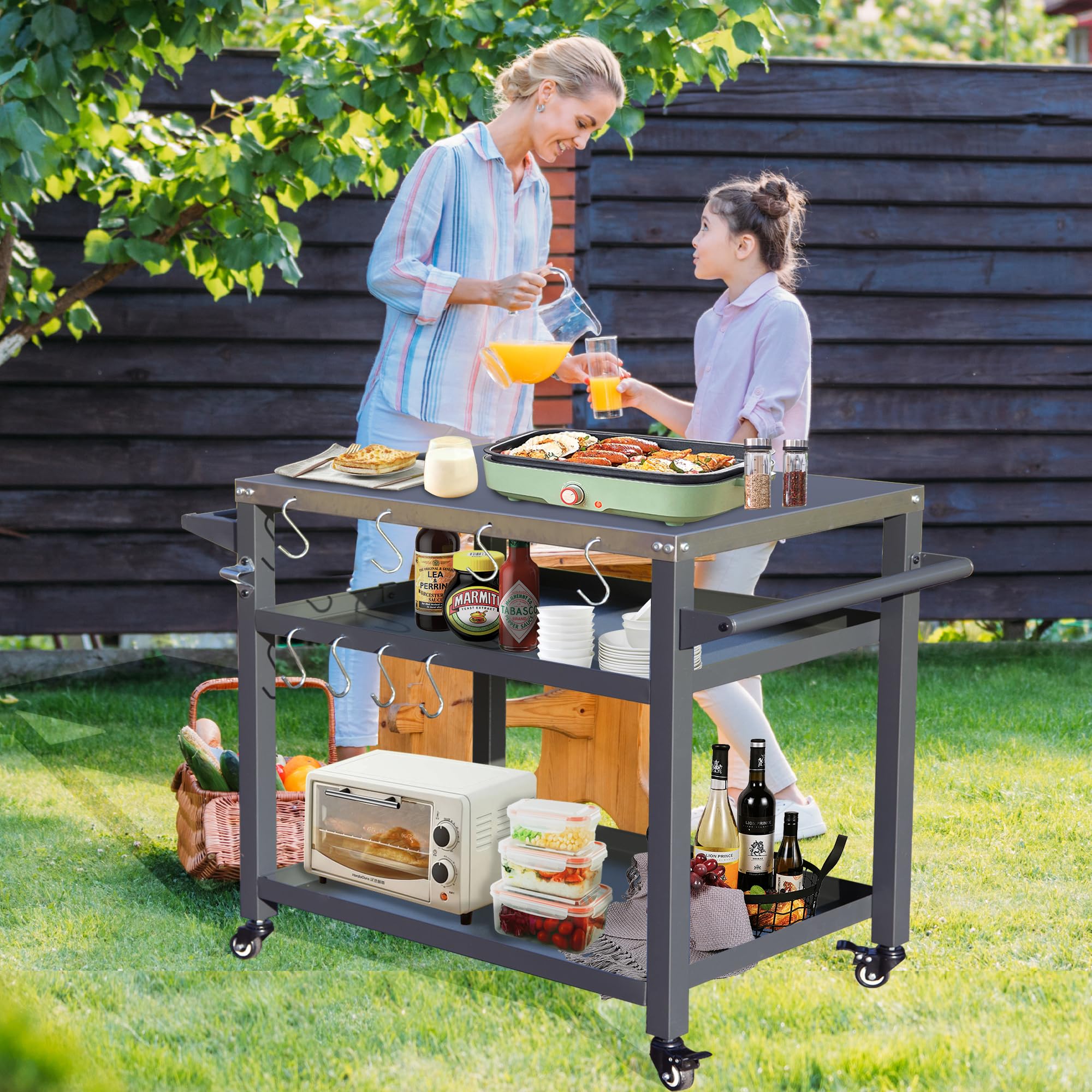 Domi 3-Tier Outdoor Grill Cart with Wheels - Stainless Steel Pizza Oven & Food Prep Station - Blackstone Griddle Stand for Backyard BBQ, Patio Cooking & Tailgating Parties