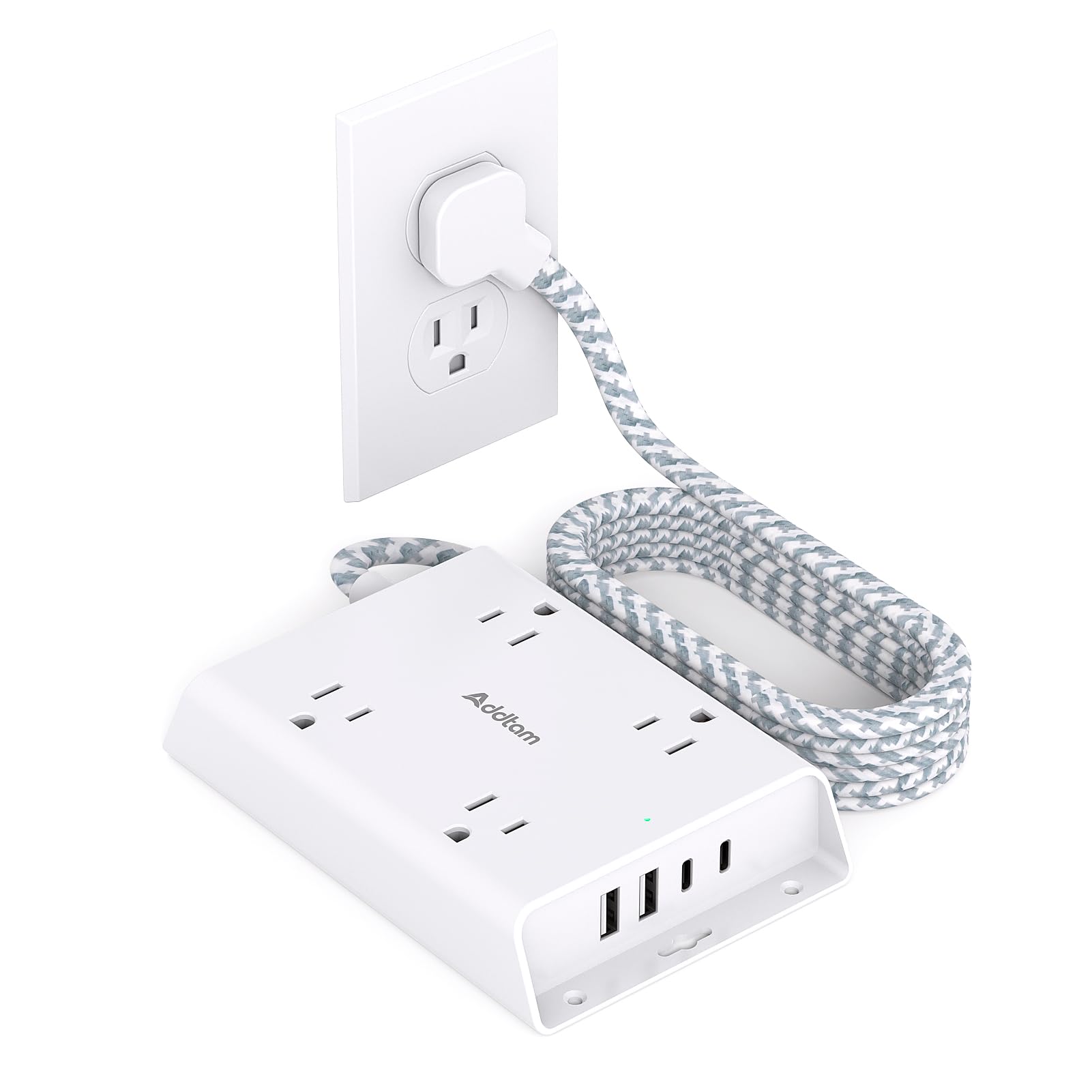 Addtam 5 ft Surge Protector Power Strip with 4 Outlets & 4 USB Ports (2 USB-C) - Flat Plug Extension Cord for Home Office, College Dorm, Desk Charging Station | Essential for Laptops, Phones & Smart Devices