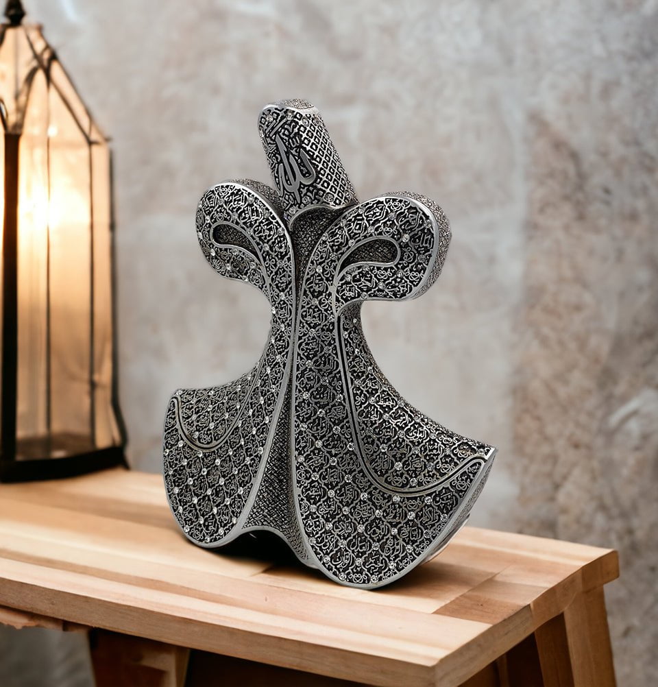 Silver Islamic Whirling Dervish Table Decor with 99 Names of Allah - Spiritual Home Decor for Ramadan, Eid & Meditation Spaces