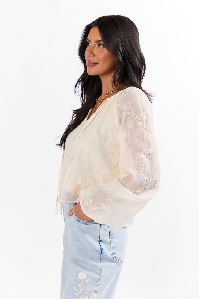 Face The Music Cream Embroidered Blouse for Women - Elegant Casual Top with Floral Embroidery | Perfect for Office Wear, Date Night & Spring Outfits