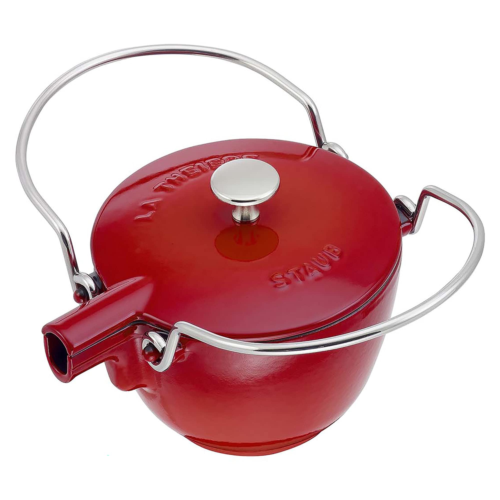 Staub 1-Quart Cast Iron Round Tea Kettle - Cherry Red, French-Made Enameled Teapot for Stovetop & Tea Brewing | Perfect for Home, Office & Gift Giving