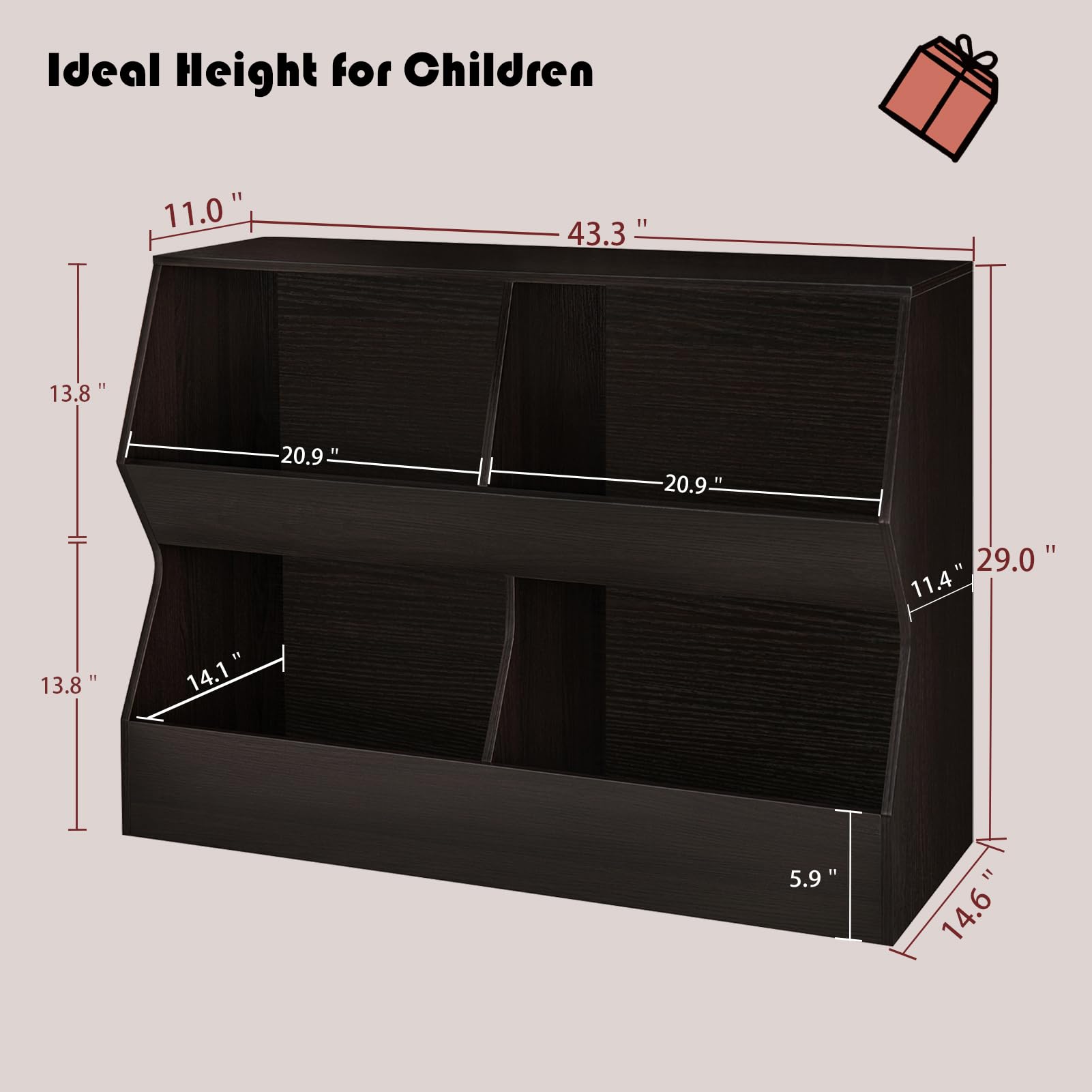 DINZI LVJ Kids Bookshelf & Toy Storage Organizer - 4 Cubby Wooden Bookcase for Children's Bedroom, Nursery, School | 31.5