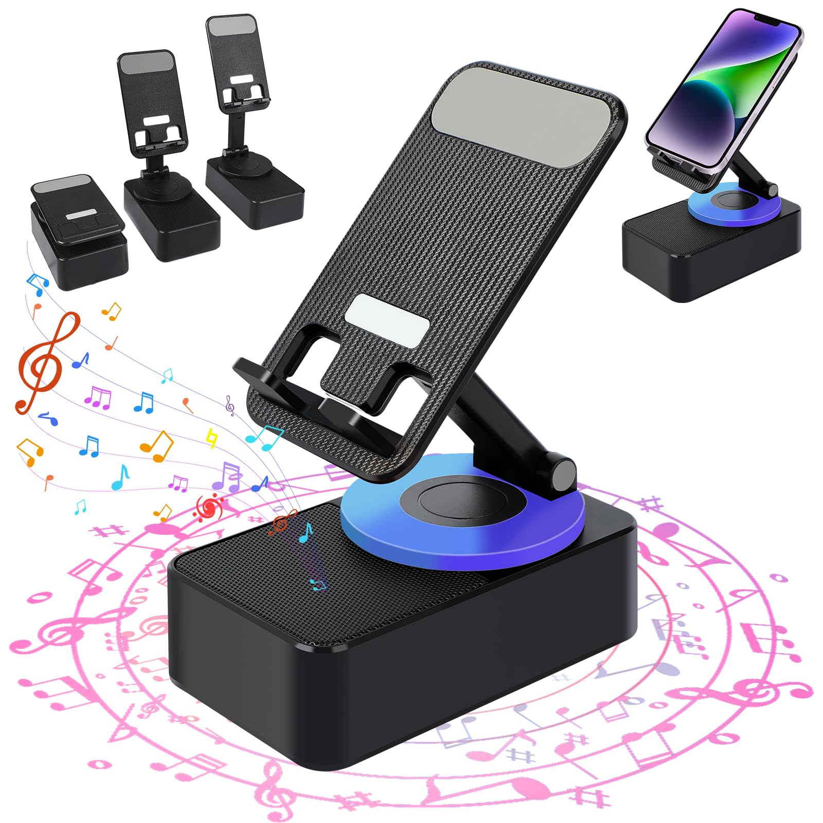 5-in-1 Wireless Bluetooth Speaker with Induction Charging | 360° Rotating Foldable Phone Holder | Rechargeable Power Bank with Ambient LED Lights | Anti-Slip Base for Home, Office & Outdoor Use (Black)