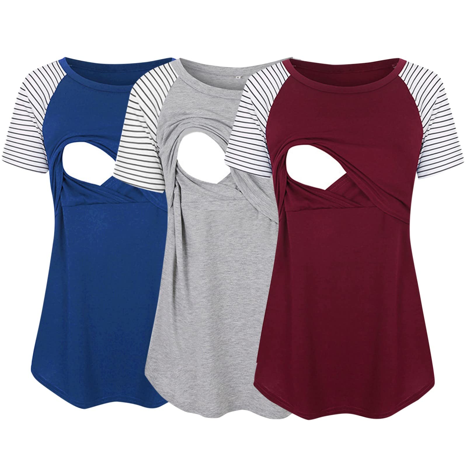 Women's Maternity Tunic Tops - Soft Short Sleeve Nursing Shirts with Crew Neck & Striped Print for Breastfeeding Moms | Comfortable Pregnancy & Nursing Wear for Everyday Use