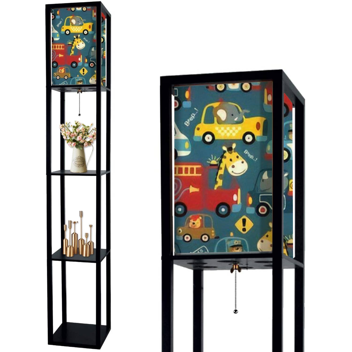 Funny Cartoon Driver Floor Lamp with Shelves - Modern LED Standing Lamp with Linen Shade for Living Room & Bedroom - Corner Tall Lamp for Cozy Reading Nook or Nightstand Lighting