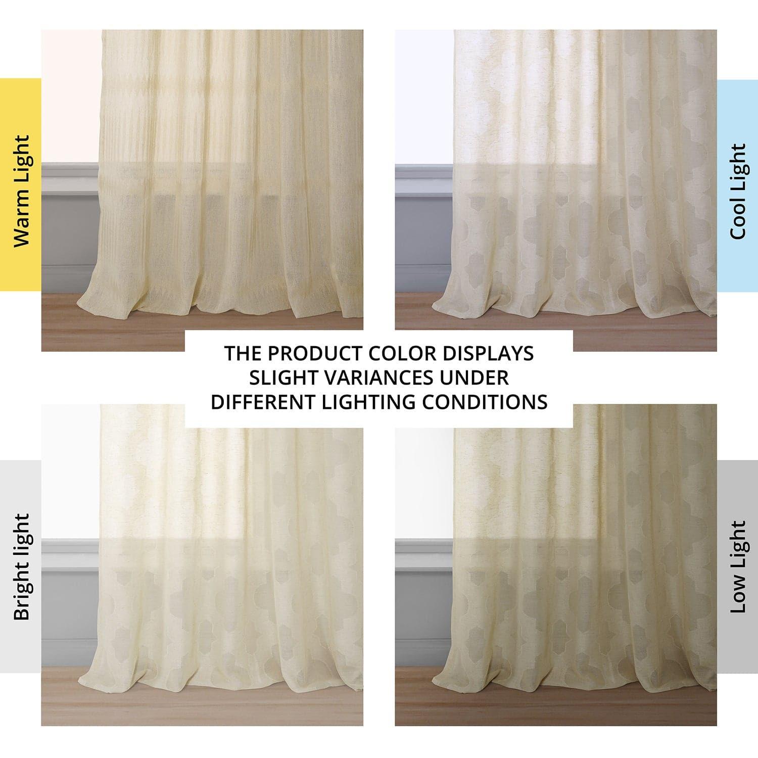 Calais Tile Beige Geometric Pattern Faux Linen Sheer Curtains - Modern Window Treatment for Living Room, Bedroom & Office