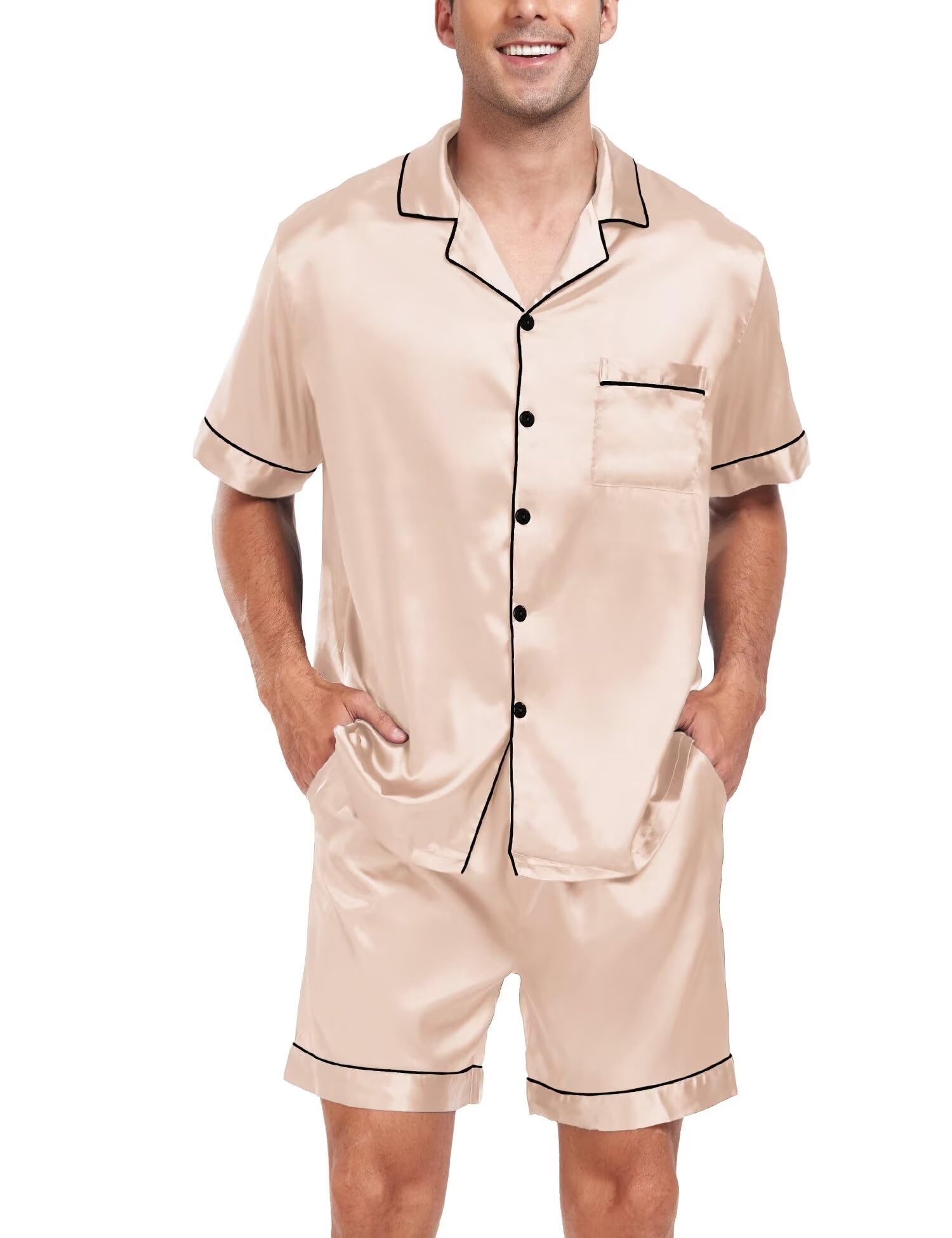 SWOMOG Couple Matching Pajamas Sets for Women & Men - Soft Silk Button Down Pjs with Short Sleeve - 2 Piece Loungewear Set for Valentine's Day, Anniversary Gifts & Cozy Nights at Home