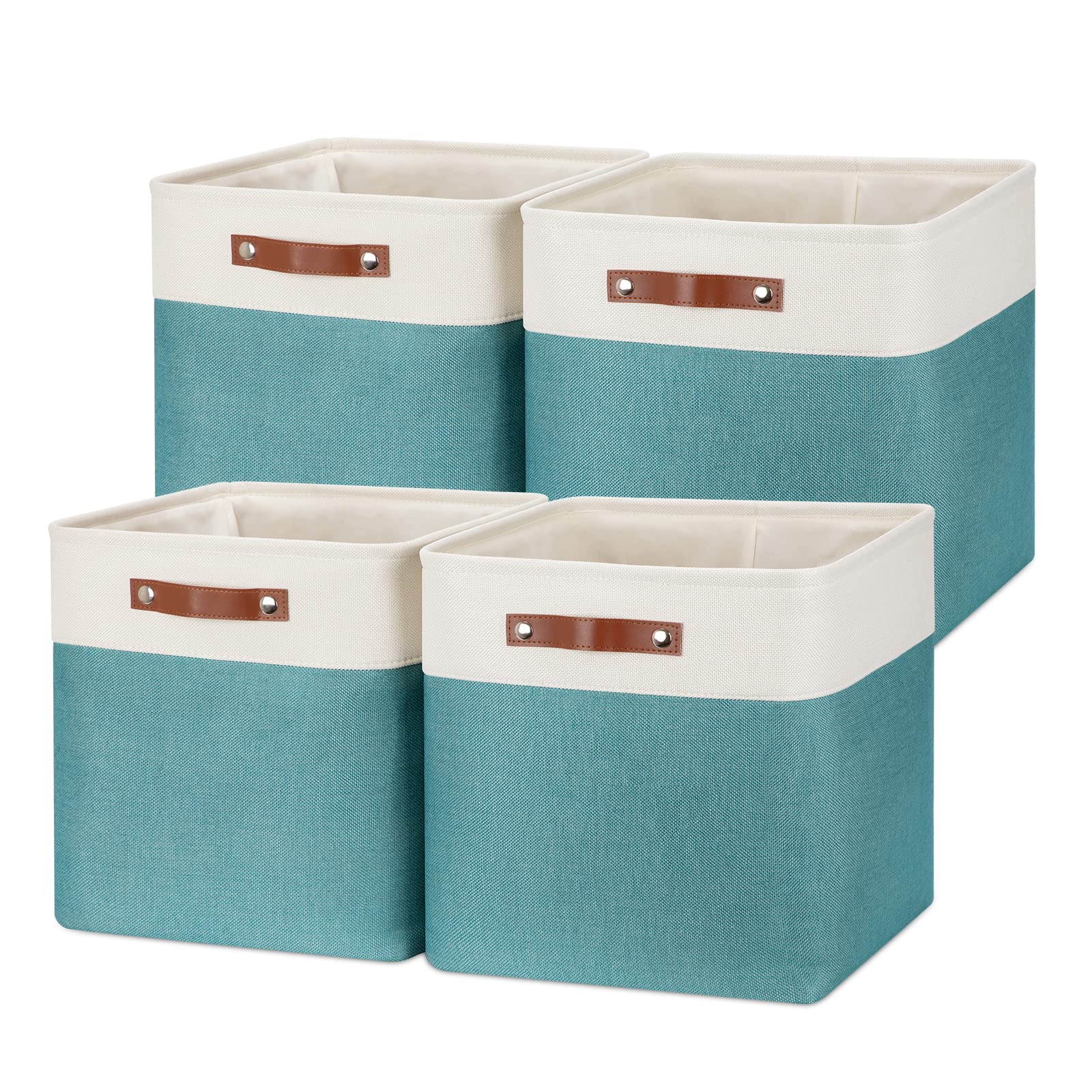 Temary 13x13 Inch Fabric Storage Cubes & Bins - 4-Pack Large Organizing Baskets with Handles for Clothes, Books, Toys - Perfect for Closet, Nursery, Office Organization (White & Teal)