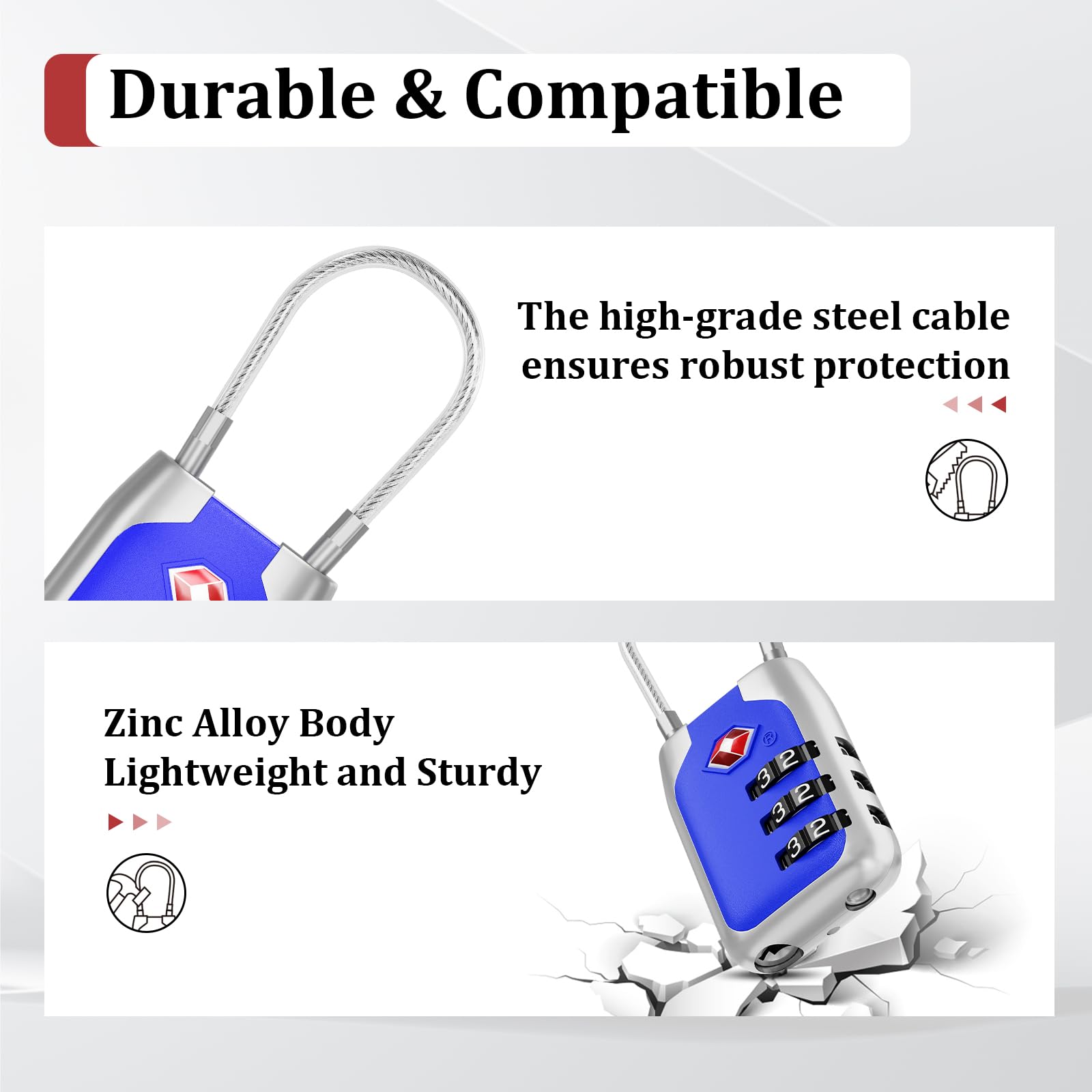 Joyway TSA Approved 3-Digit Combination Luggage Lock - Secure Alloy Cable Lock for Suitcases, Backpacks & Golf Bags (2-Pack, Blue) | Perfect for Travel, Airport Security & Sports Equipment Protection
