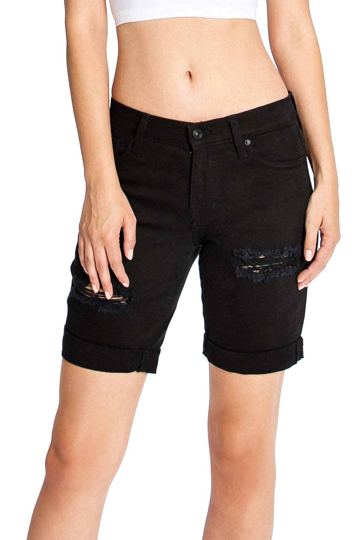 Celebrity Pink Women's Juniors Mid Rise Bermuda Denim Shorts - Trendy Casual Summer Shorts for Women, Comfortable Stretch Denim Shorts for Beach, Shopping & Everyday Wear