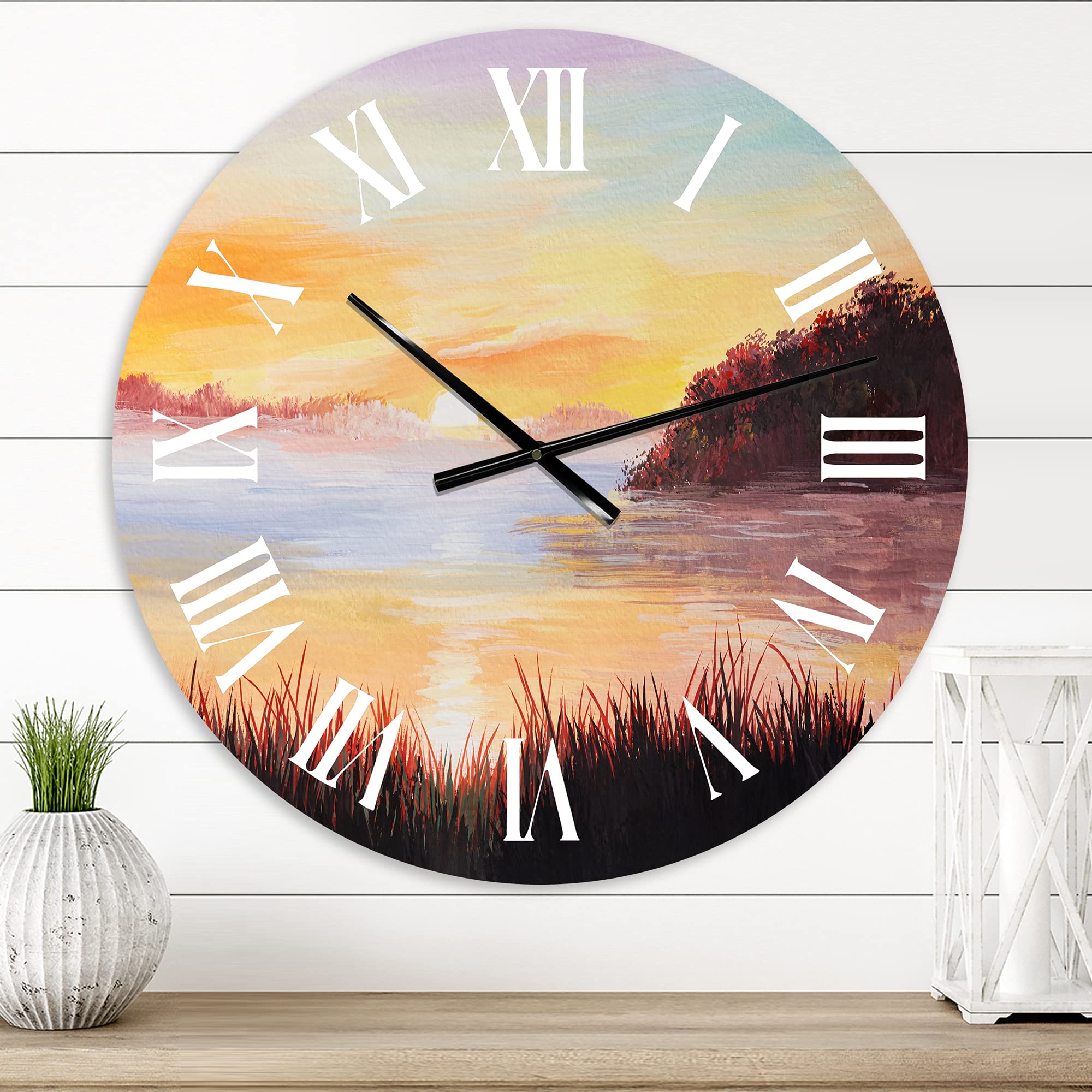 Nautical Coastal Wall Clock 'On The Lake with The Reeds' - Large Landscape Nature Wall Clock for Home, Office & Living Room Decor - Perfect for Beach House, Lakeside Cabin or Coastal-Themed Interior Design