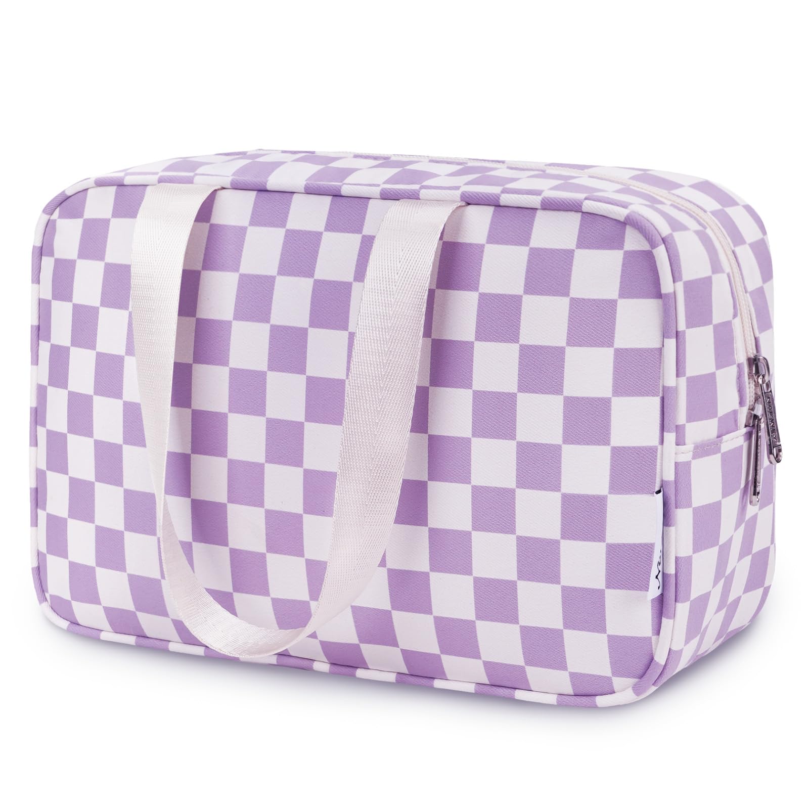 Large Checkered Travel Toiletry Bag for Women - Waterproof Makeup Organizer with Handle, Cosmetic & Medicine Storage Pouch (Purple Checkerboard) - Perfect for Travel, Gym, Camping & Daily Essentials Organization