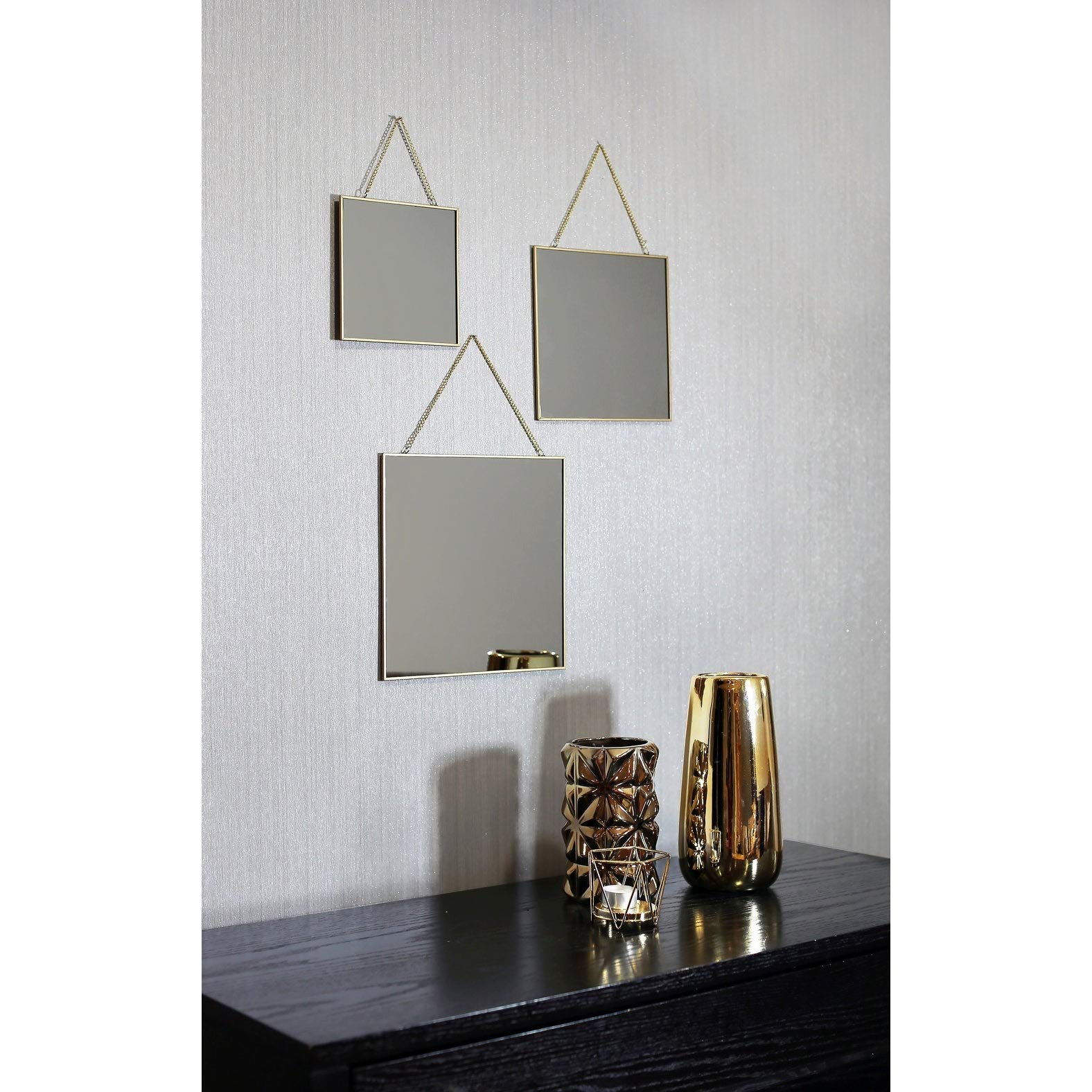 Vintage Gold Square Wall Mirrors - Set of 3 Mid-Century Modern Style Decorative Mirrors for Living Room, Bedroom & Entryway Decor