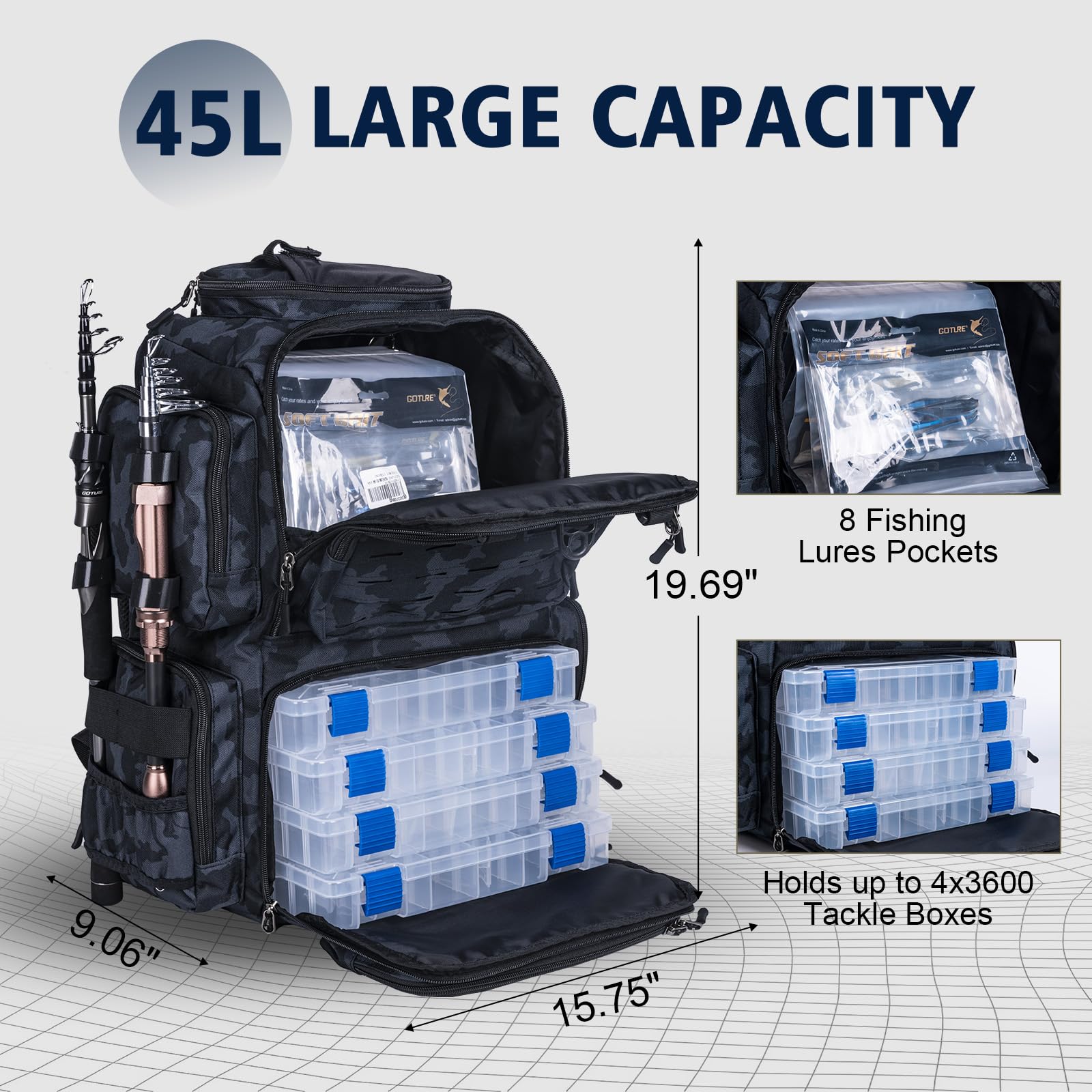 Goture 45L 600D Fishing Backpack with 4 Tackle Boxes & Rod Holders - Waterproof Large Fishing Gear Storage Bag with 8 Lure Pockets & Rain Cover - Perfect for Camping, Hiking, Bass Fishing and Outdoor Adventures