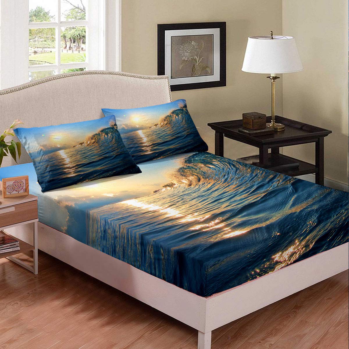 Queen Size Ocean Waves Bedding Set - Deep Pocket Fitted Sheet & Pillowcases for Beach Theme Bedroom