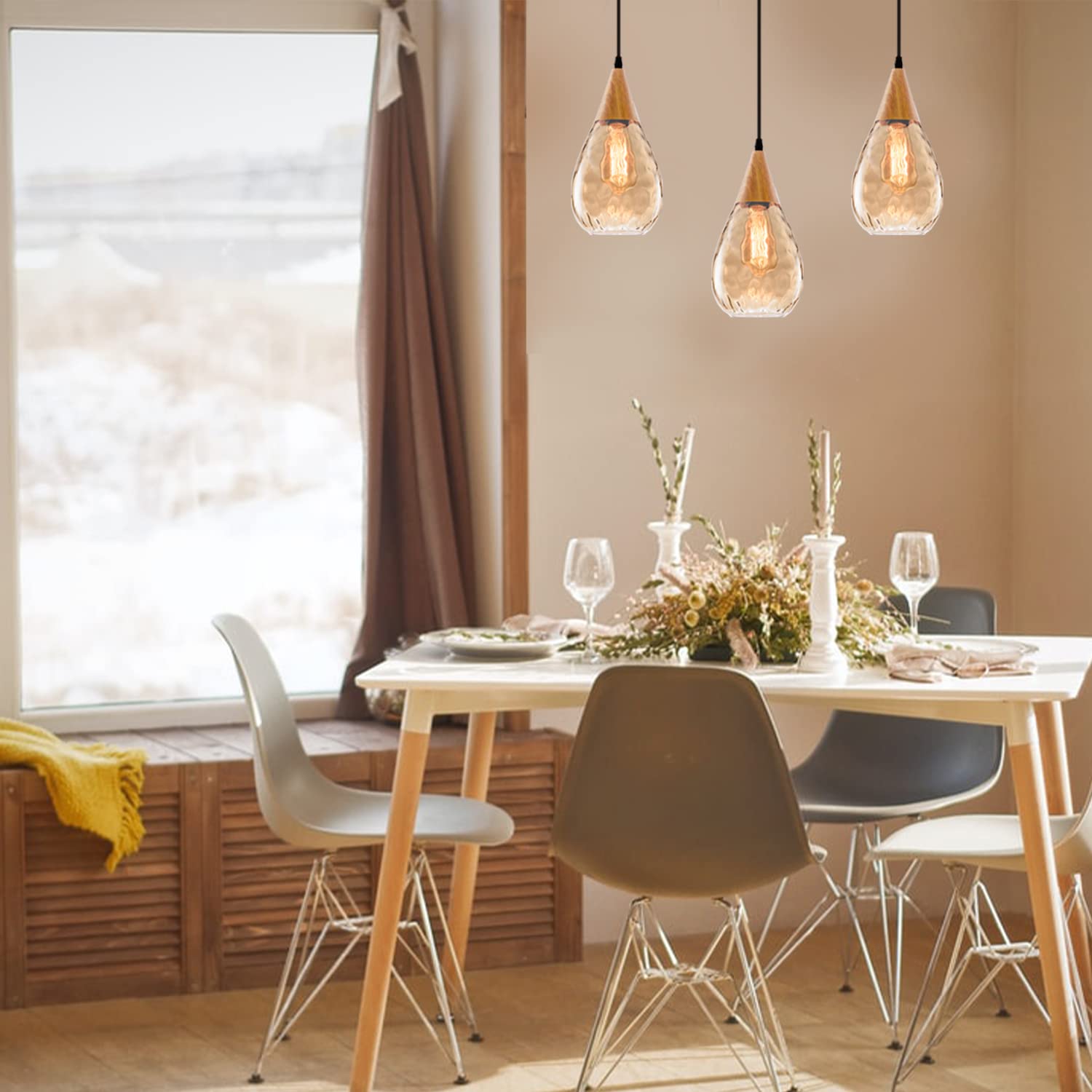 3 Pack Adjustable Pendant Lights with Teardrop Glass Shades - Modern Nylon Cord Ceiling Lighting for Kitchen Island, Dining Room, Coffee Bar & Workspace | Bulb Not Included | Perfect for Contemporary Home Decor & Commercial Spaces
