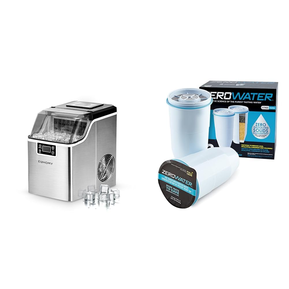 EUHOMY Countertop Ice Maker Machine with Ice Scoop & Basket - Fast Ice Production, Includes ZeroWater Replacement Filter 2-Pack for Better Tasting Water - Perfect for Home, Office, Parties and Outdoor Events