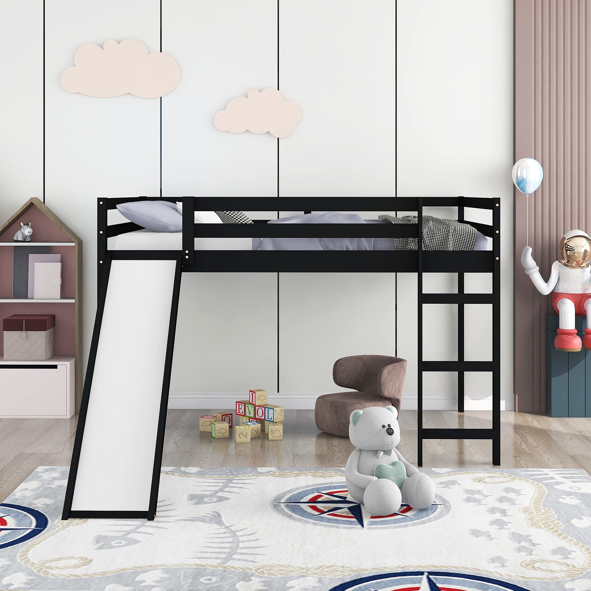 Danxee Full Size Loft Bed with Slide - Sturdy Wooden Bunk Bed with Ladder & Storage Space, No Box Spring Needed (Espresso Finish) - Perfect for Kids' Bedroom, Dorm Room & Small Space Living