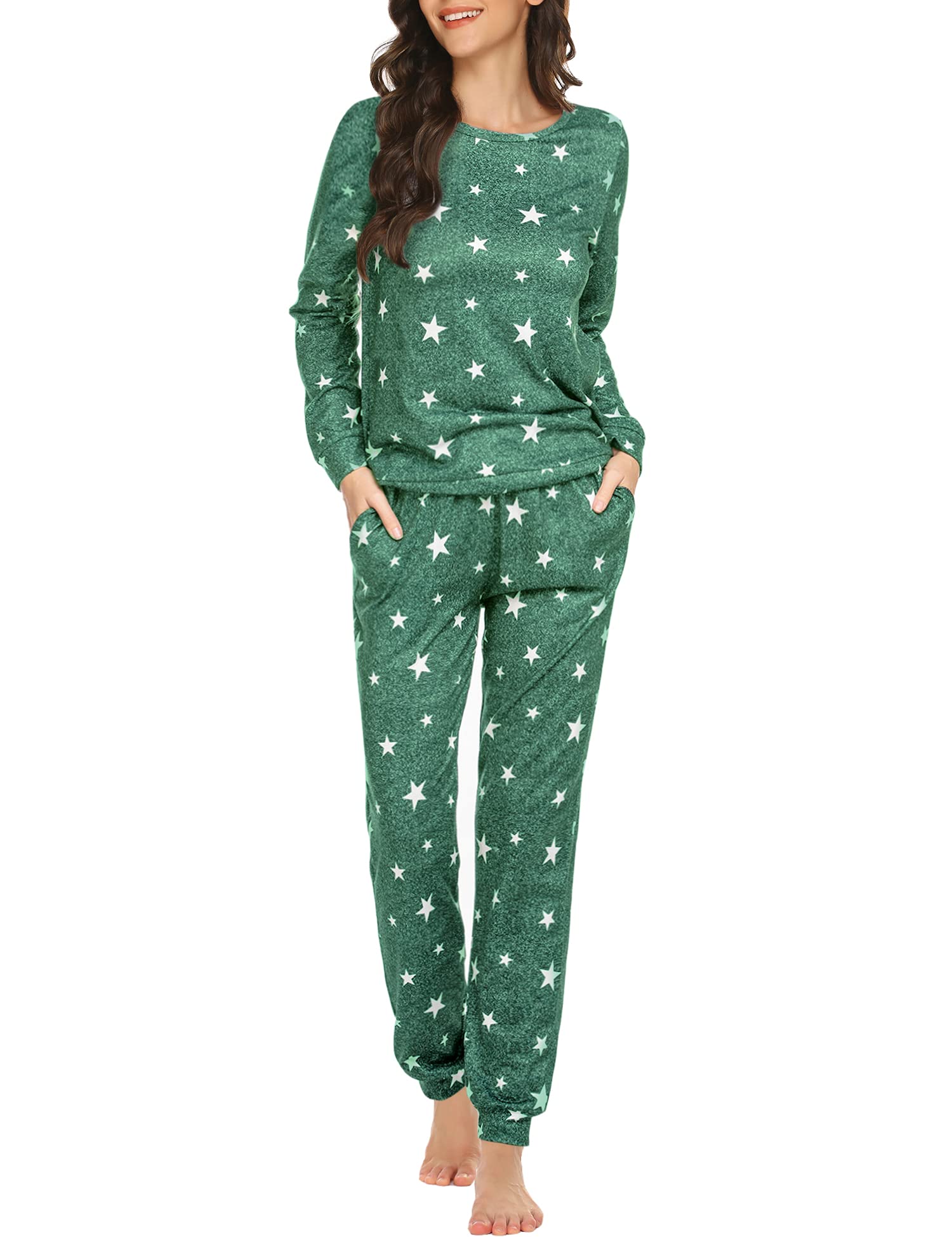 Ekouaer Women's Long Sleeve Pajama Set - Soft Star Print Sleepwear with Pockets - Cozy Nightwear & Lounge Outfit for Home Relaxation and Sleep