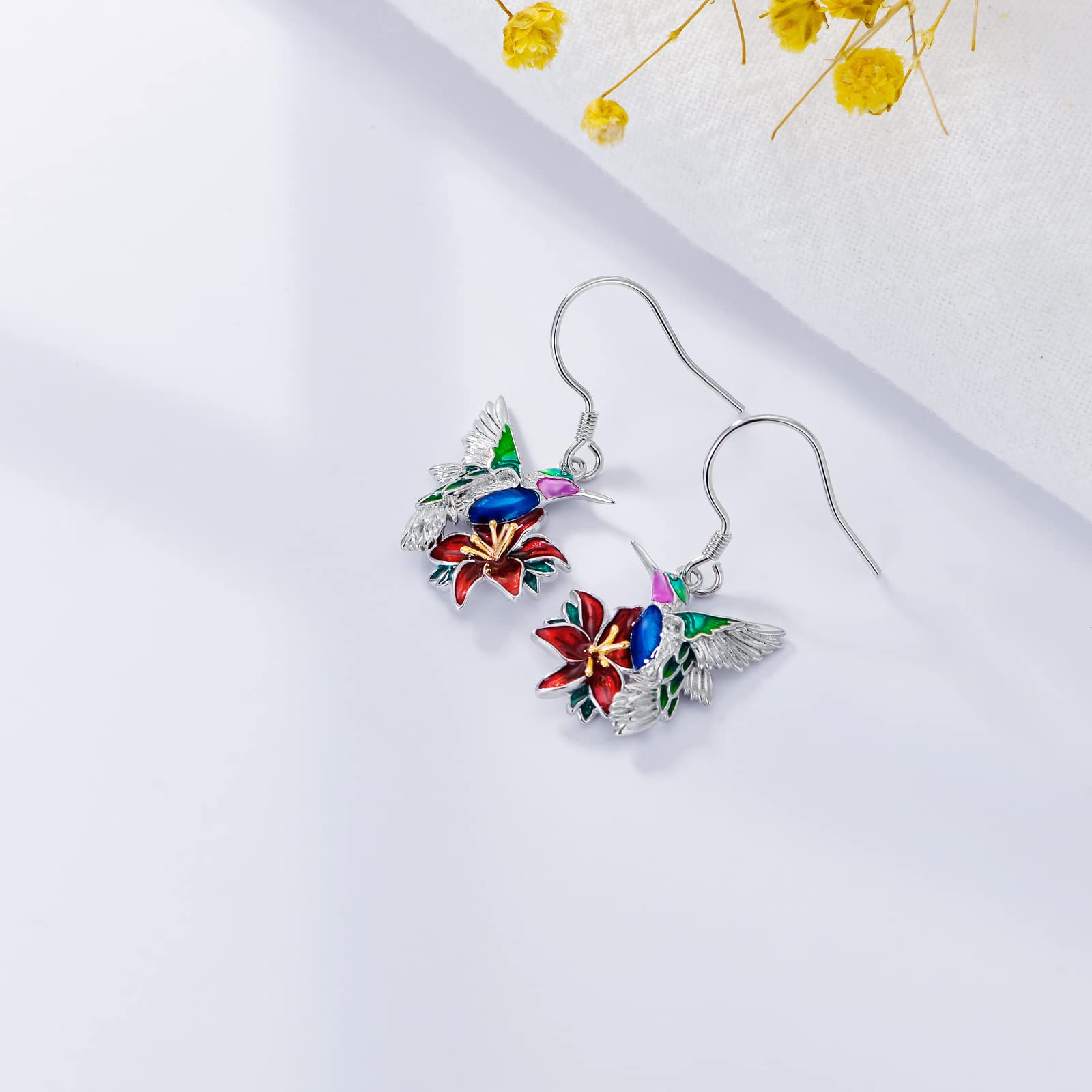 PEIMKO Sterling Silver Hummingbird Dangle Earrings - Cute Floral Drop Earrings for Women | Perfect for Weddings, Parties & Everyday Wear