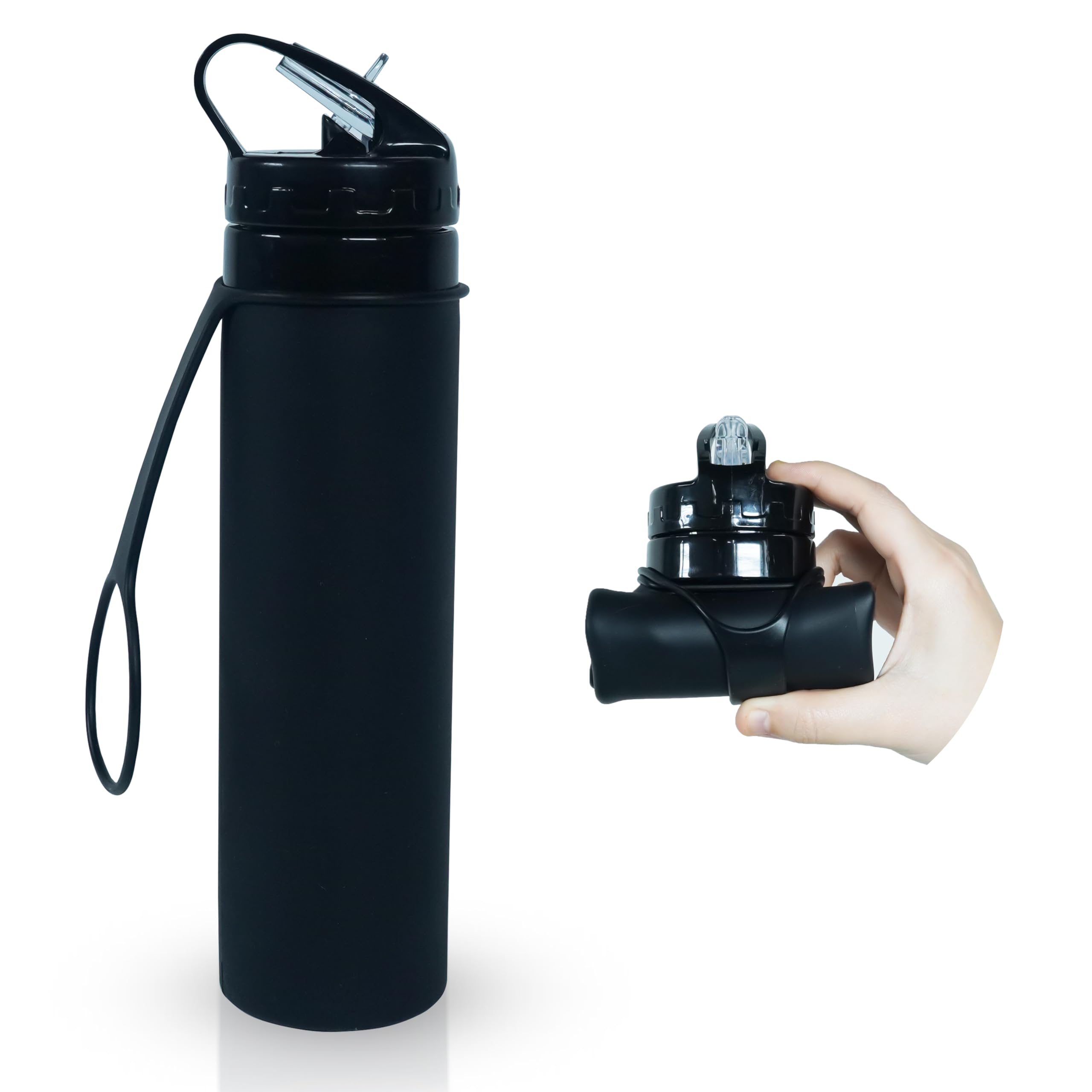 Collapsible Water Bottle 20oz - BPA Free, Leak Proof, Food Grade Silicone Reusable Water Bottle for Travel, Camping, Hiking, Gym & Outdoor Activities - Portable Foldable Jug for Sports, Work & Daily Use (Black)