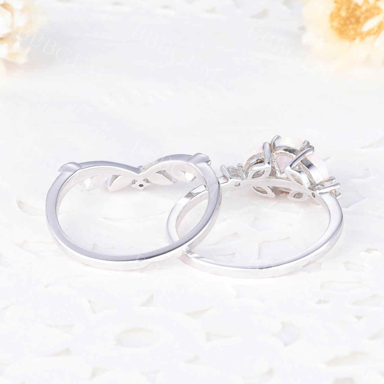 Oval Opal Ring Set in White Gold with Diamond Accents – Elegant Bridal Jewelry for Women | Perfect for Engagement, Wedding & Anniversary Gifts