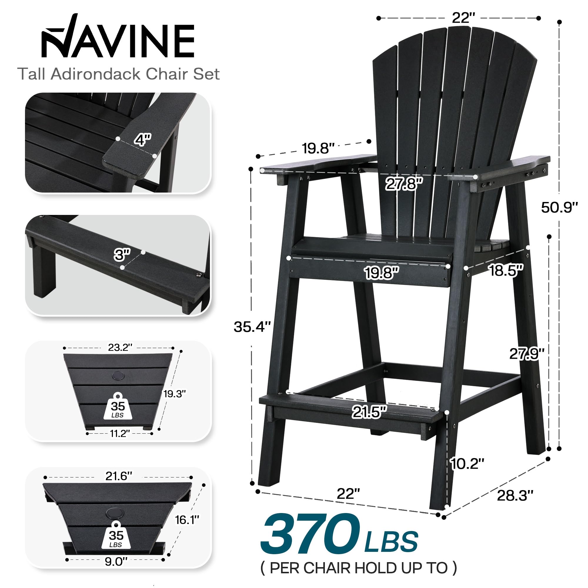 Premium HDPE Tall Adirondack Chairs Set of 2 with Double Connecting Tray - Weather-Resistant Outdoor Bar Stools for Patio, Deck, Backyard, Balcony (Black) - Perfect for Relaxing, Entertaining, and Outdoor Dining
