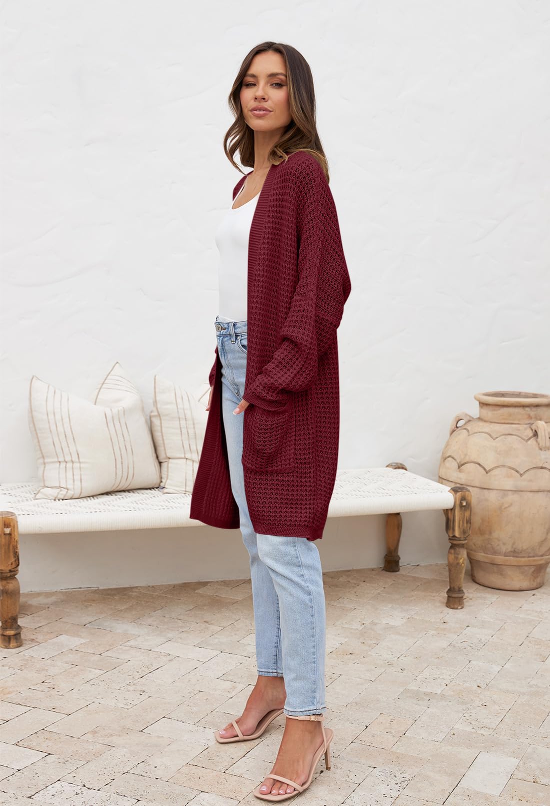 MEROKEETY Women's Oversized Long Batwing Sleeve Cardigan Waffle Knit Sweater Coat - Cozy Fall Winter Layering Piece for Casual Outfits & Lounge Wear
