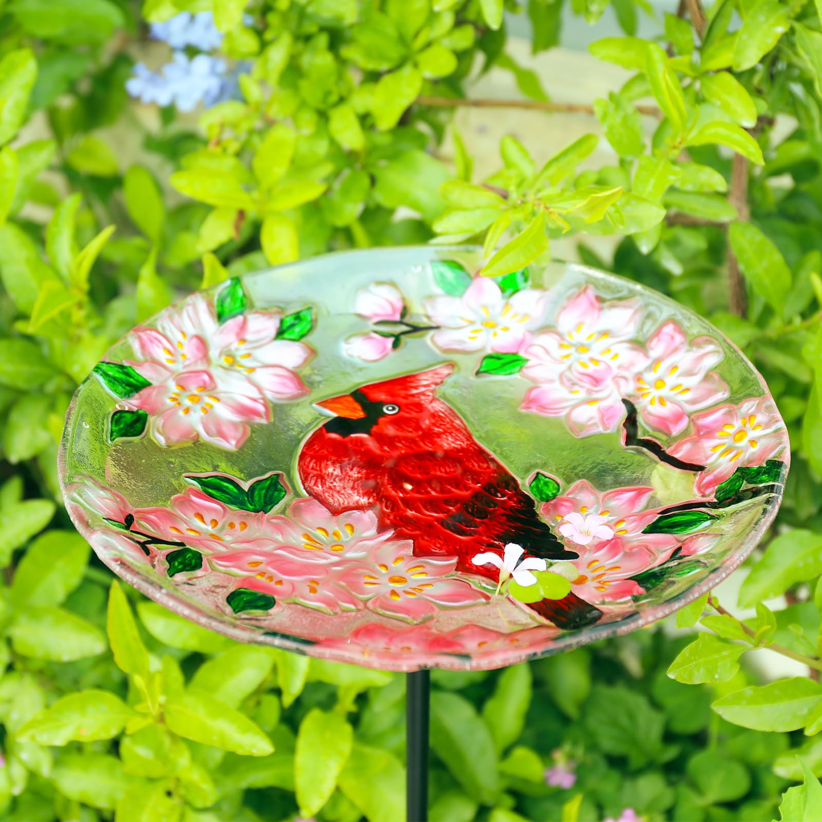 Glass Bird Bath for Outdoors - Cardinal & Flower Design Outdoor Birdbath with Stake - Garden, Patio & Lawn Decoration | Attract Birds to Your Backyard