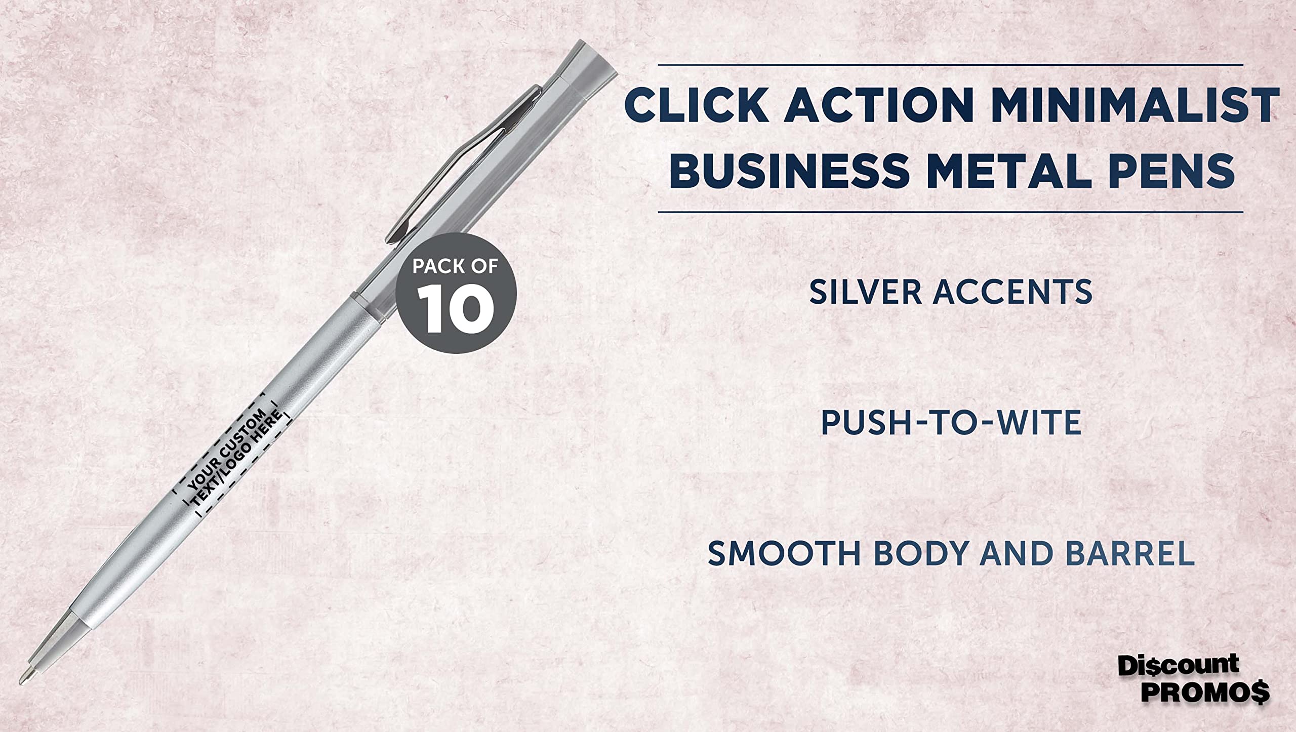 10-Pack Slim Metal Hotel Pens - Customizable Text & Logo - Two-Tone Minimalist Design with Black Ink - Silver Finish - Perfect for Corporate Gifts, Hotels, and Office Use