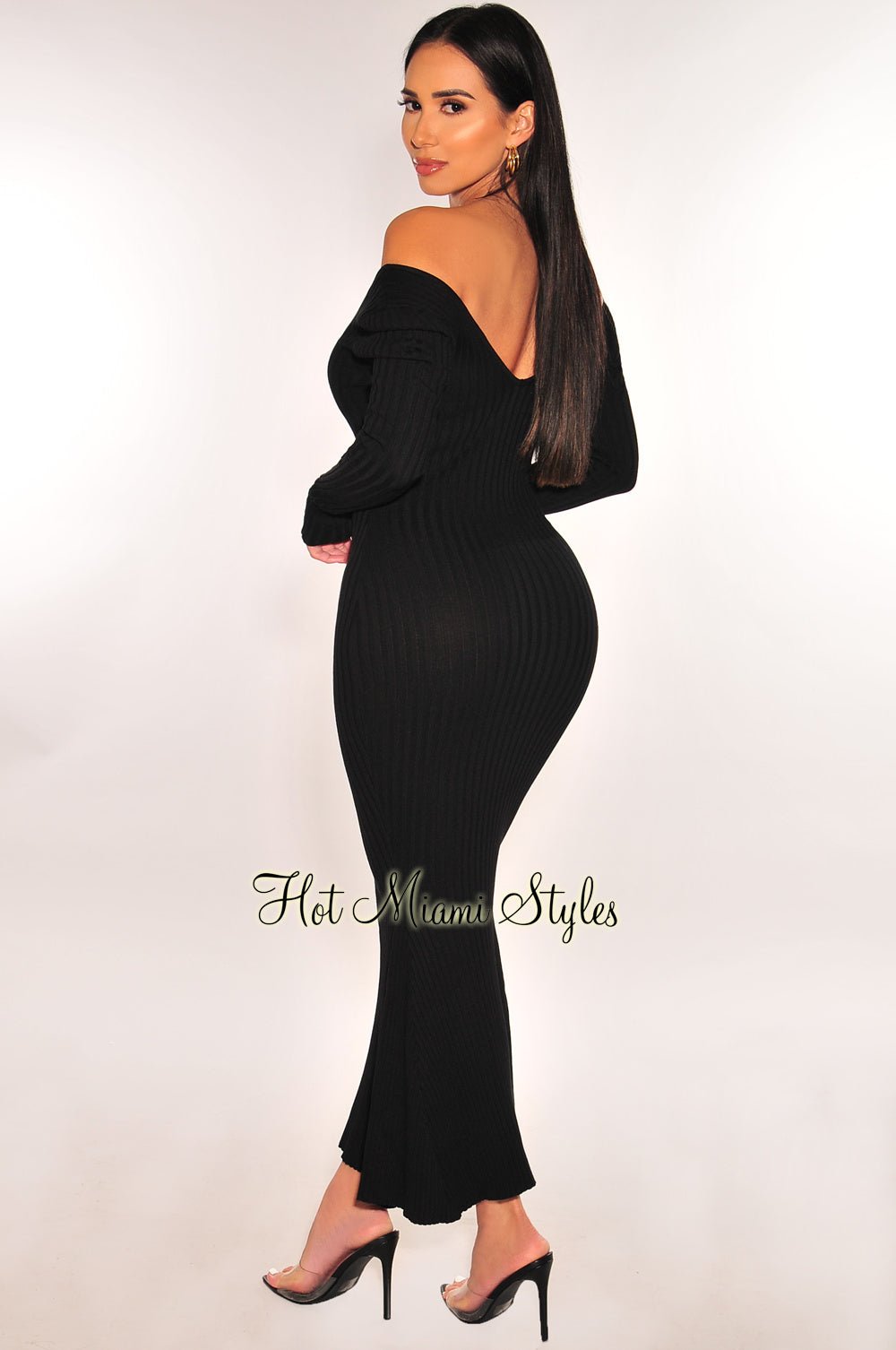 Elegant Black Ribbed Knit Long Sleeve Mermaid Dress for Women - Perfect for Evening Parties, Date Nights & Special Occasions