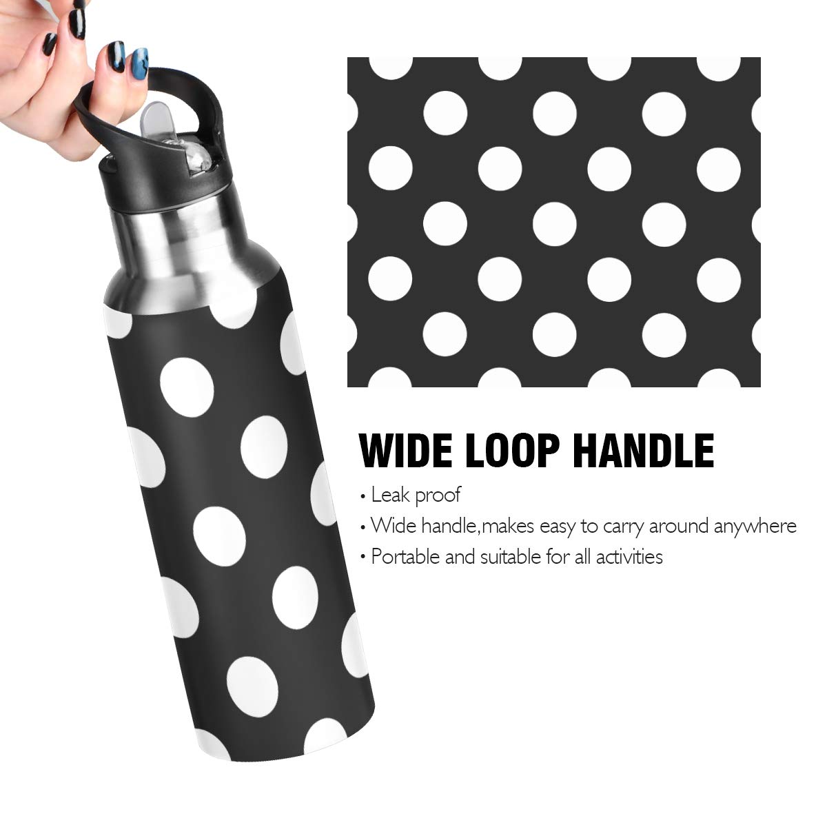 Polka Dot Stainless Steel Water Bottle 20 oz - Double Wall Vacuum Insulated, Leakproof with Straw Lid - Perfect for Gym, Hiking & Outdoor Activities