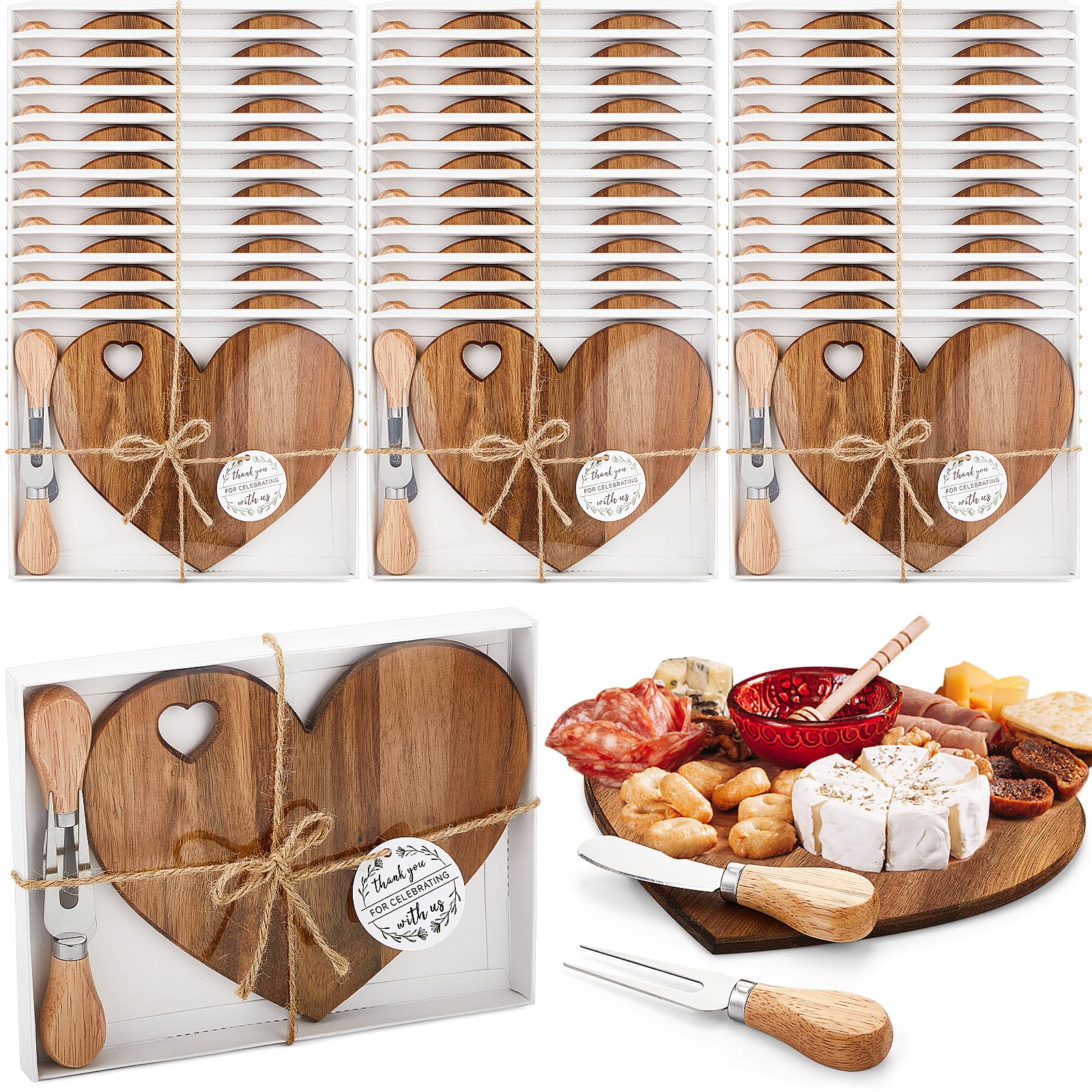 36-Piece Heart-Shaped Acacia Wood Cheese Board Set with Knives - Perfect for Bridal Showers, Baby Showers, Weddings & Valentine's Gifts - Elegant Charcuterie Serving Platter & Thank You Favors for Guests