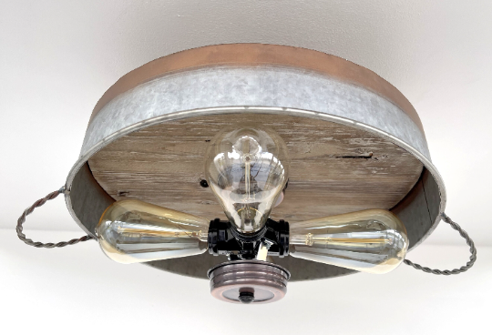 Modern Farmhouse Ceiling Light - Galvanized & Copper Tone Metal Flat Tub with Wood Accents - Perfect for Kitchen, Dining Room, and Entryway Lighting