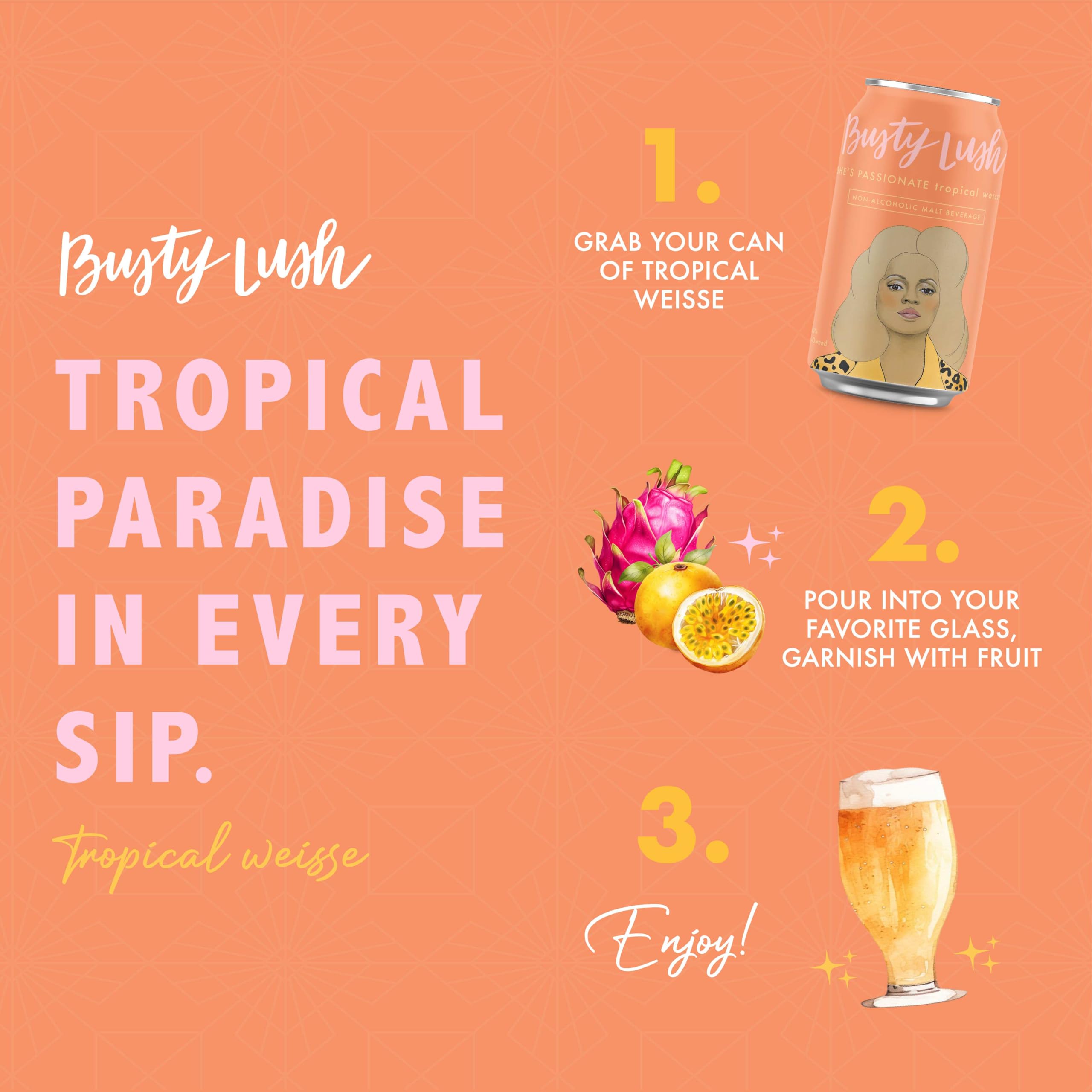 Busty Lush SHE'S PASSIONATE Non-Alcoholic Sour Beer - Low Calorie, No Added Sugar, Craft Brewed Tropical Weisse with Passion Fruit & Dragon Fruit - 12 Pack Cans | Refreshing Alcohol-Free Beverage for Parties, BBQs & Healthy Lifestyle