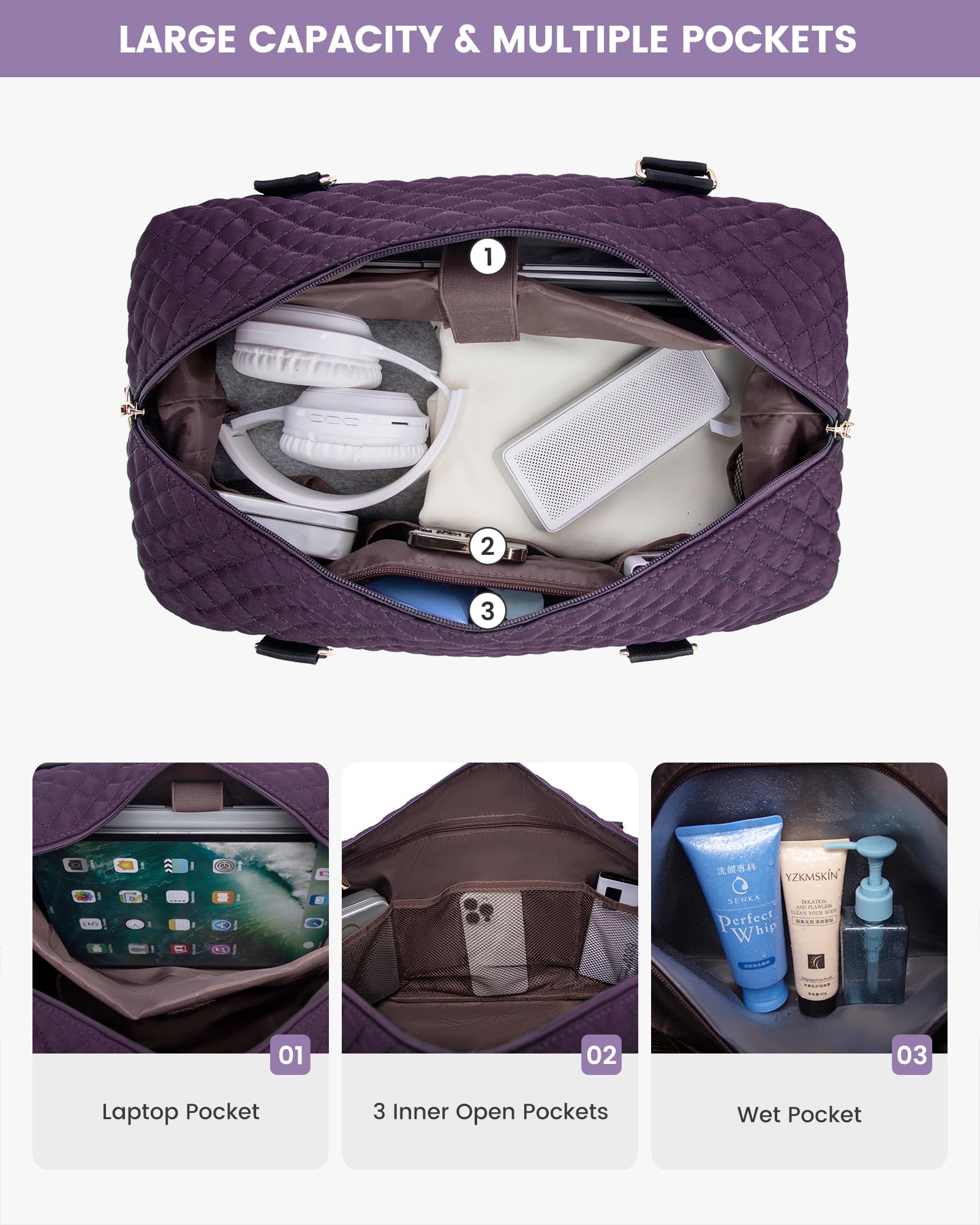 LOVEVOOK Women's Travel Weekender Bag with Shoe Compartment - 3 Piece Carry On Overnight Duffle Bag Set for Gym, Yoga, Hospital & Labor Delivery - Includes Wet Pocket for Toiletries - Perfect for Weekend Getaways, Business Trips & Maternity Hospital Stays