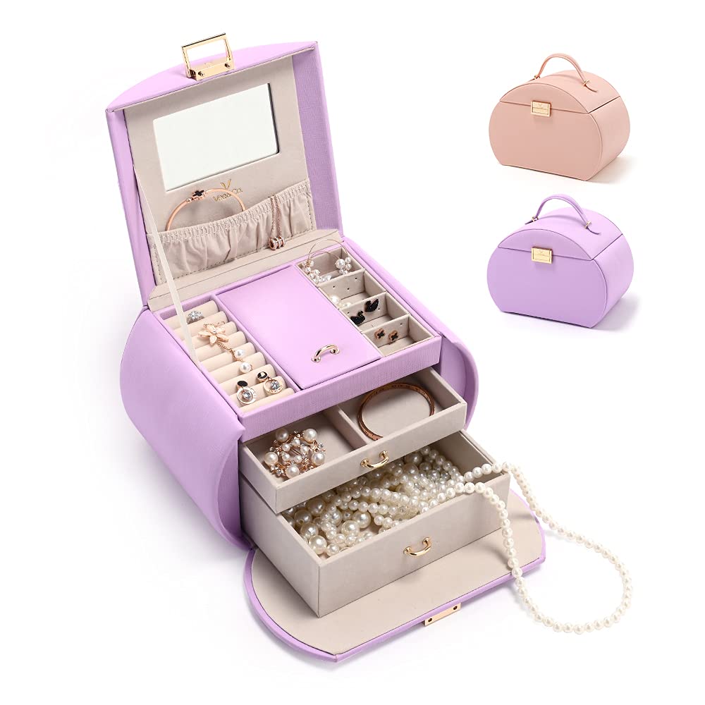 Vee Princess Style Jewelry Box with Mirror - Large Capacity Jewelry Organizer for Earrings, Necklaces, Rings & Bracelets - Elegant Purple Jewelry Storage Case with Display | Perfect for Bedroom Vanity, Travel & Gift Giving