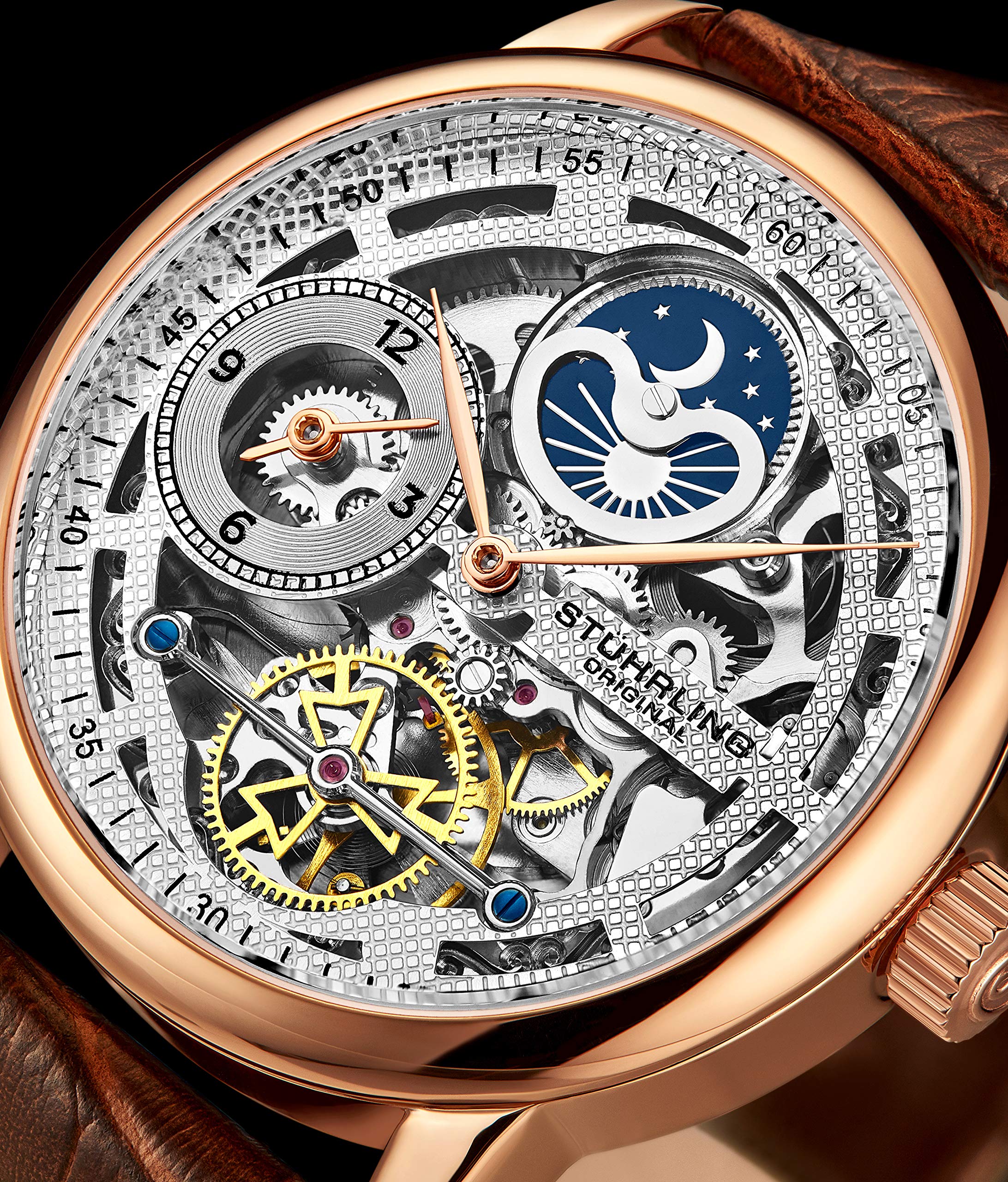 Stührling Original Men's Skeleton Automatic Watch with Dual Time, AM/PM Sun Moon Display & Genuine Leather Band - Luxury Legacy Collection for Business, Formal Events & Gift Giving