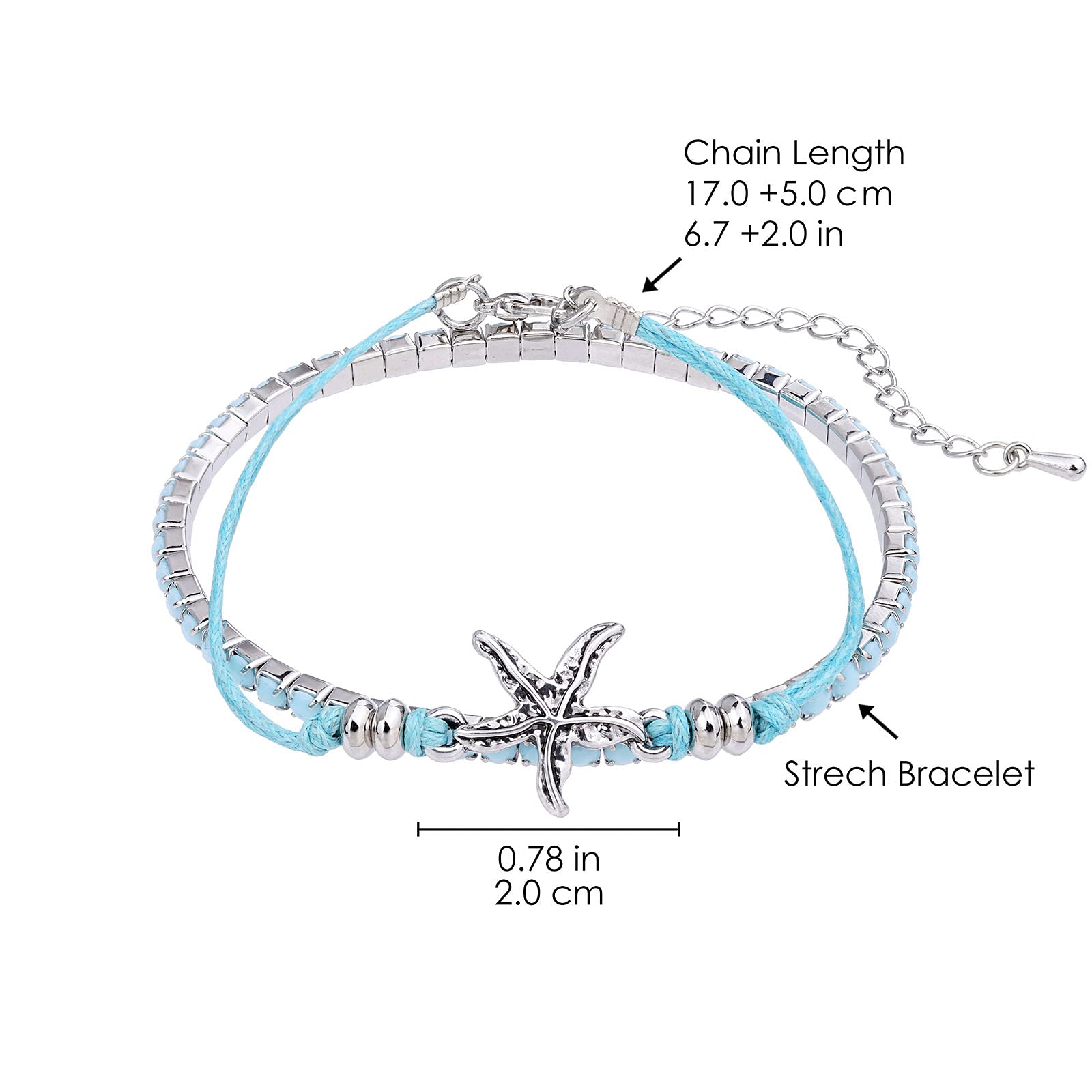 Boho Beach Bracelets for Women - Adjustable Starfish, Turtle & Conch Shell Anklets with Turquoise Beads | Stretch Foot Jewelry for Summer Vacation, Pool Party & Beach Wedding Accessories
