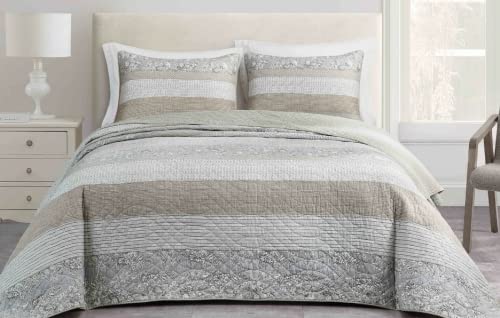Robyn Type Cotton Bedspread Coverlet Set - Taupe Gray Hibiscus Patchwork Quilt for Queen & King Size Beds | Soft & Breathable Bedding for Cozy Home Decor, Guest Room & Master Bedroom