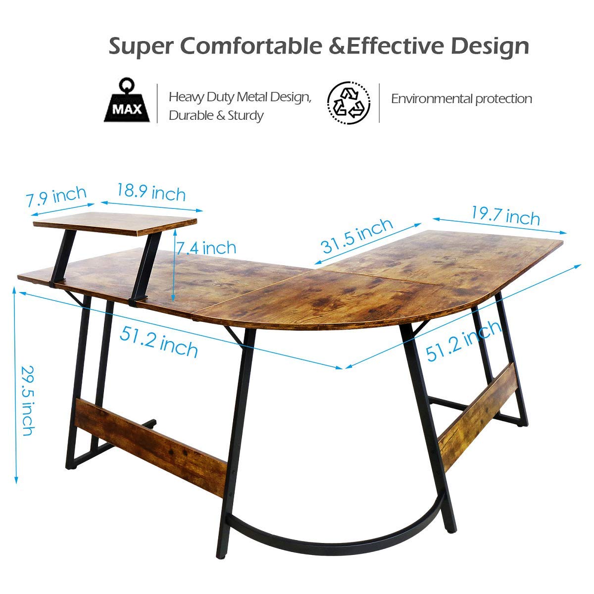 L Shaped Desk 51 Inch - Home Office Computer Corner Desk, Small Writing Study Workstation with Monitor Stand, Space Saving Rustic Brown - Perfect for Gaming, Remote Work & Small Spaces