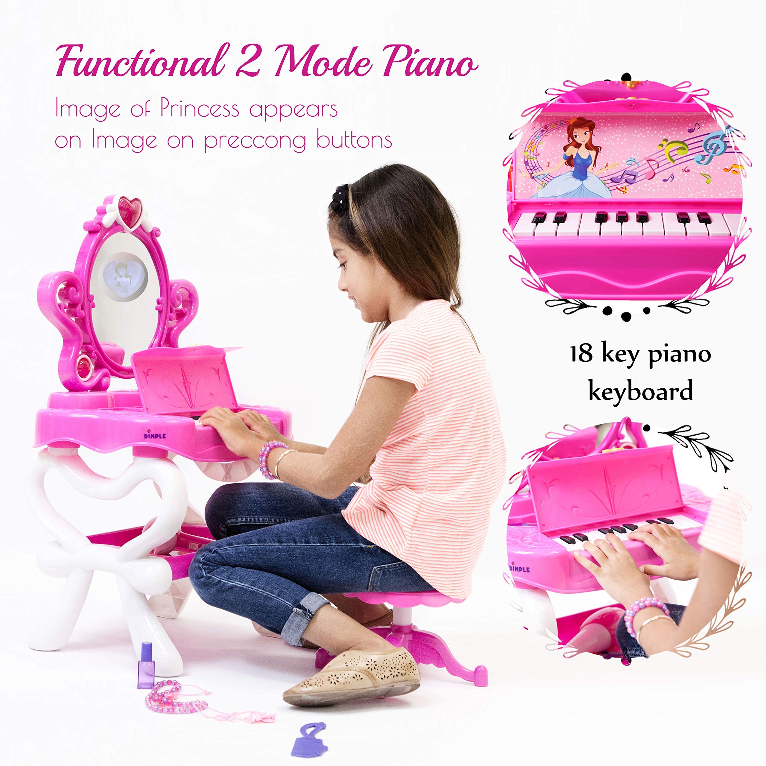 Dimple 2-in-1 Musical Piano & Vanity Set for Girls - Interactive Pretend Play Makeup Toy with Working Piano, Flashing Lights, Large Mirror & Hair Dryer - Includes Pretend Cosmetics & Princess Mirror Image (7 AA Batteries Included) - Perfect for Birthday Gifts, Role Play & Creative Fun