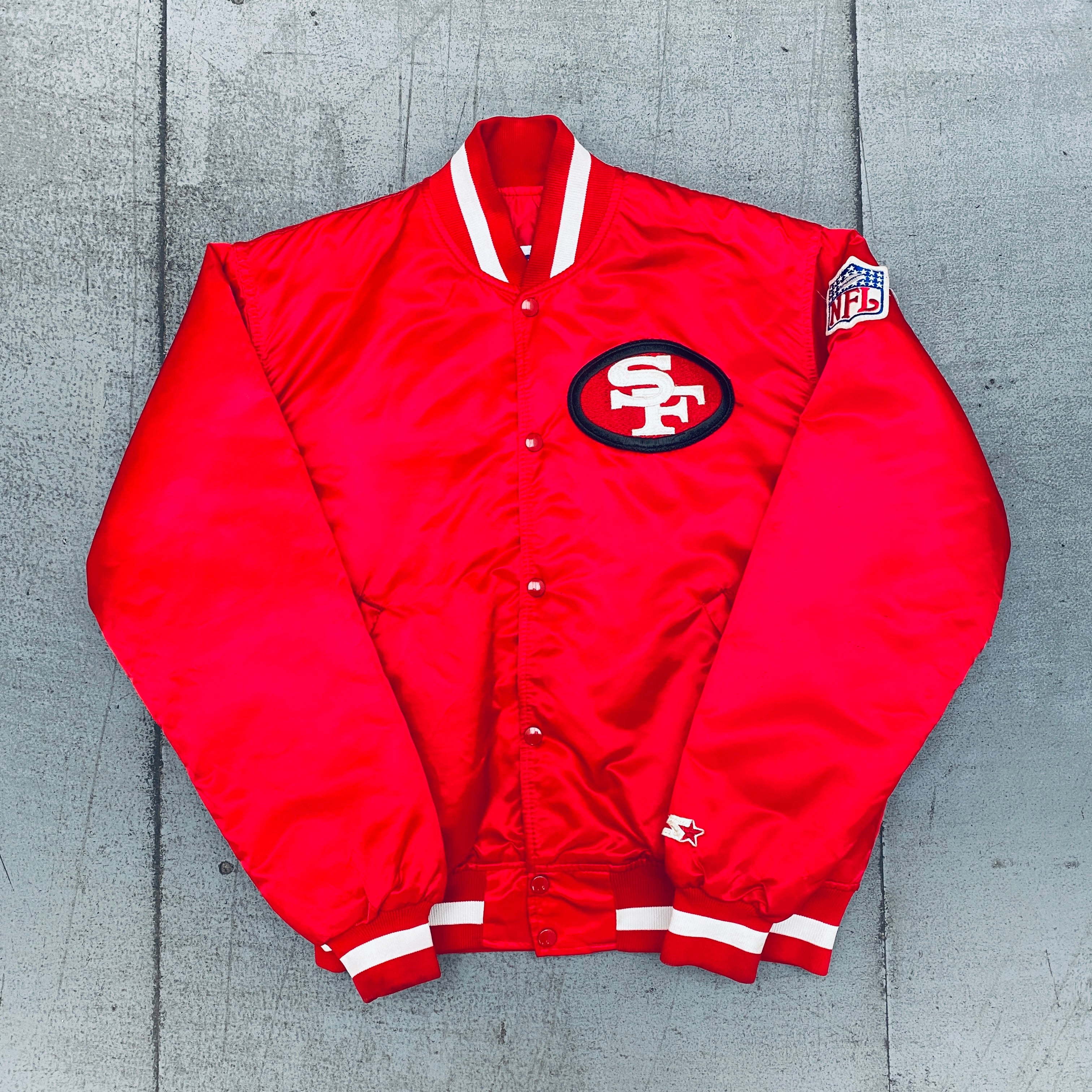 Vintage 1980s San Francisco 49ers Red Satin Starter Bomber Jacket with Reverse Spellout - Size Large | NFL Football Fan Apparel for Men, Game Day Outfits & Retro Sports Collectibles