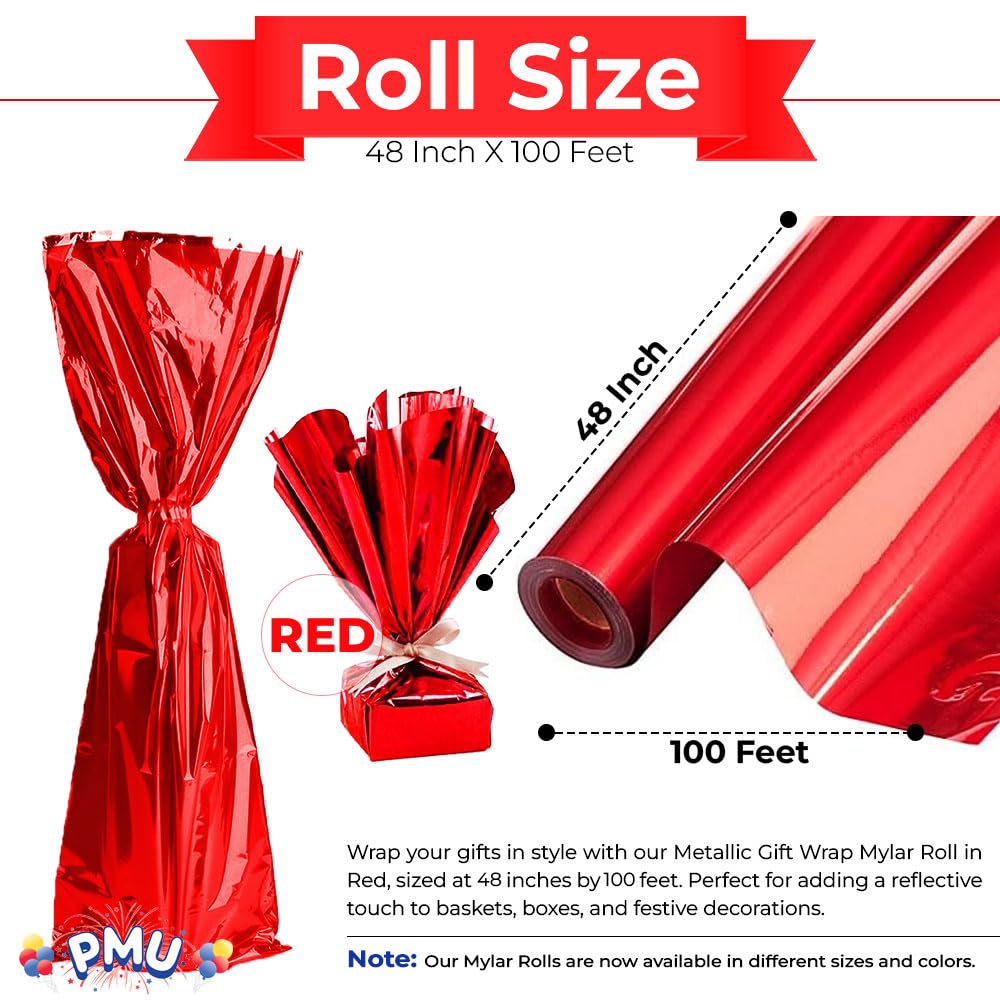Premium Metallic Red Gift Wrap Mylar Roll - 48